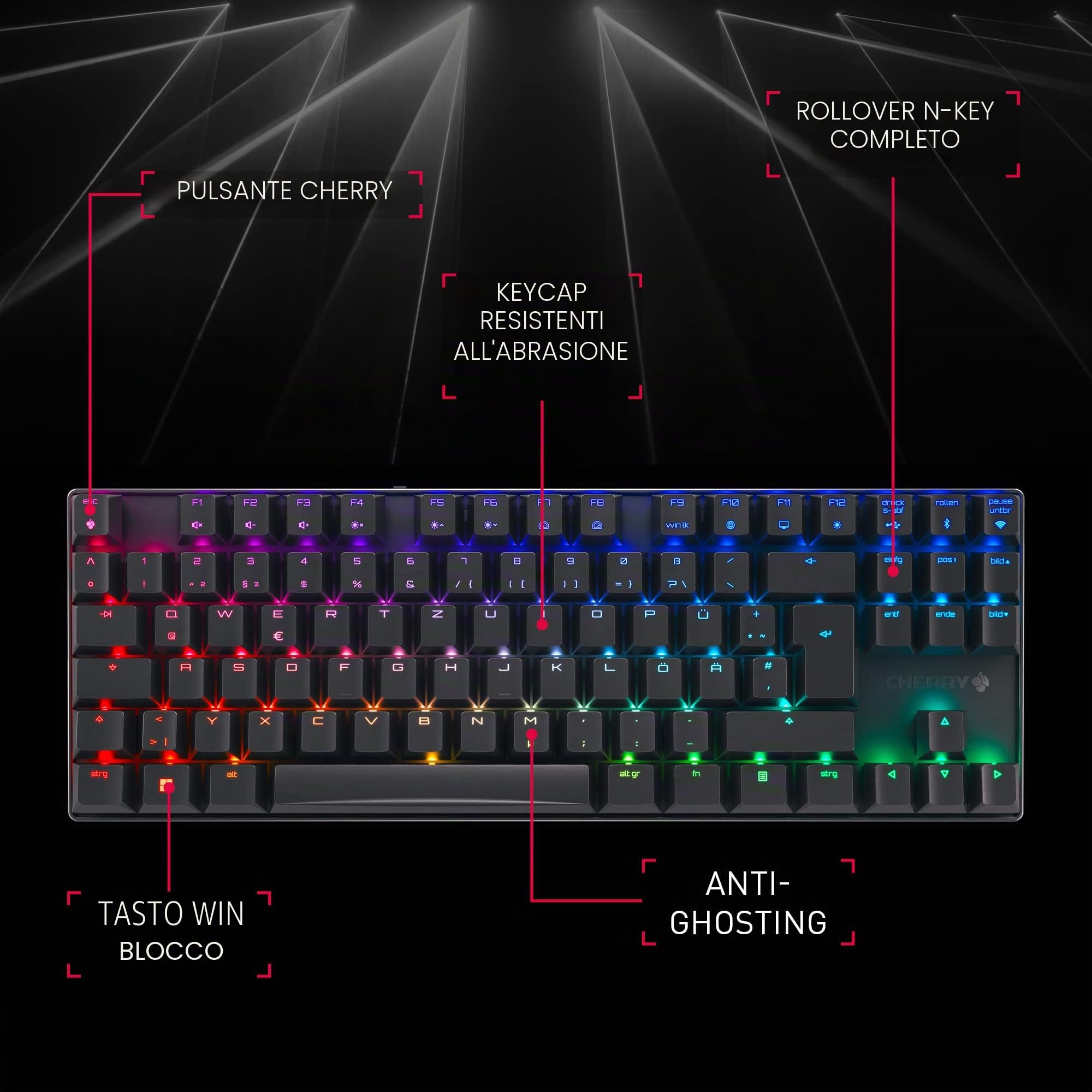 CHERRY MX 8.2 TKL Wireless, Tastiera da Gioco Senza Fili Senza Tasto Numerico, Tedesco QWERTZ, Bluetooth, 2,4 GHz e Cavo, Interruttori MX2A RED, Bianco, Bianco - senza Valigia di Trasporto