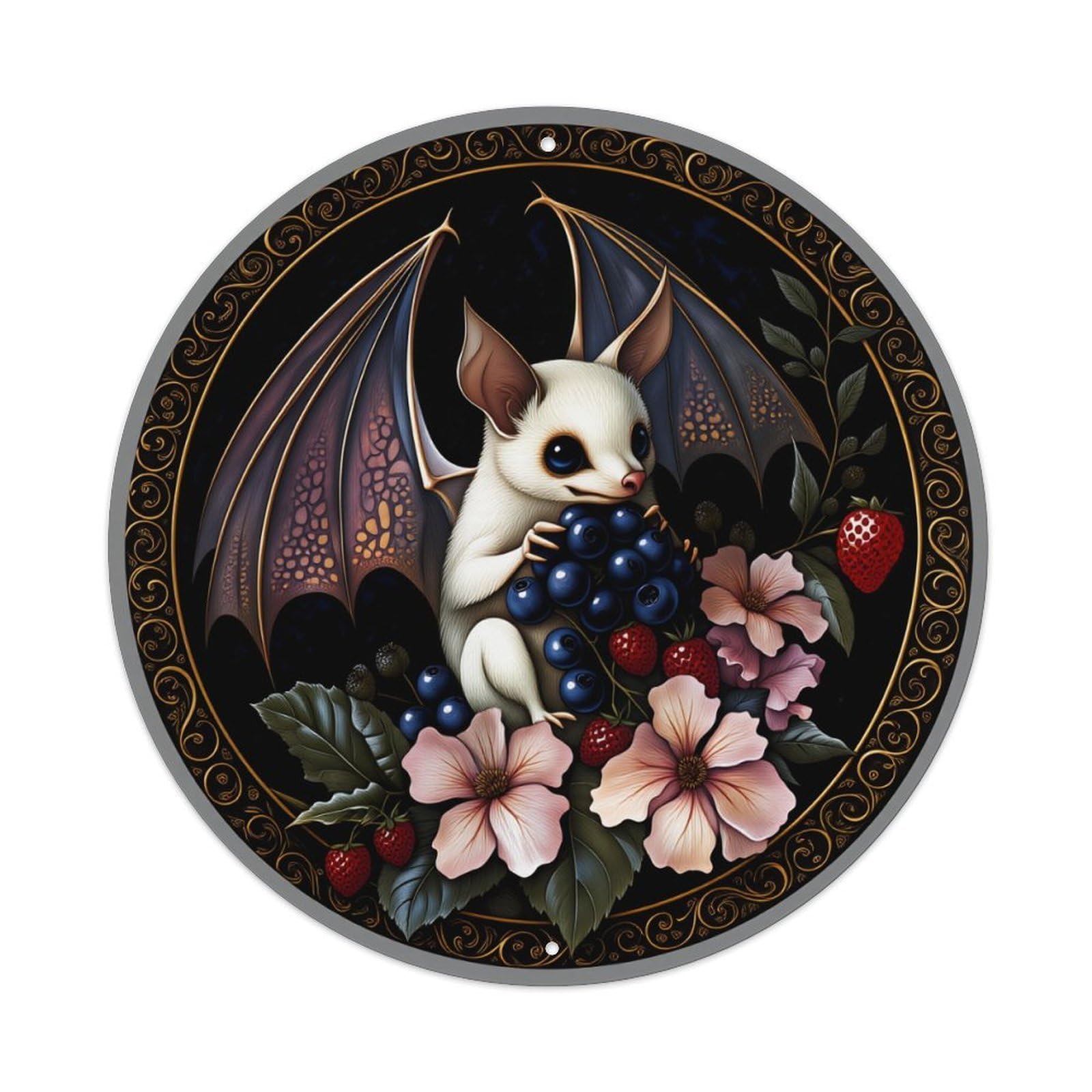 Bat With Berries And Flowers In Circular Art Metal Tin Sign Plaque