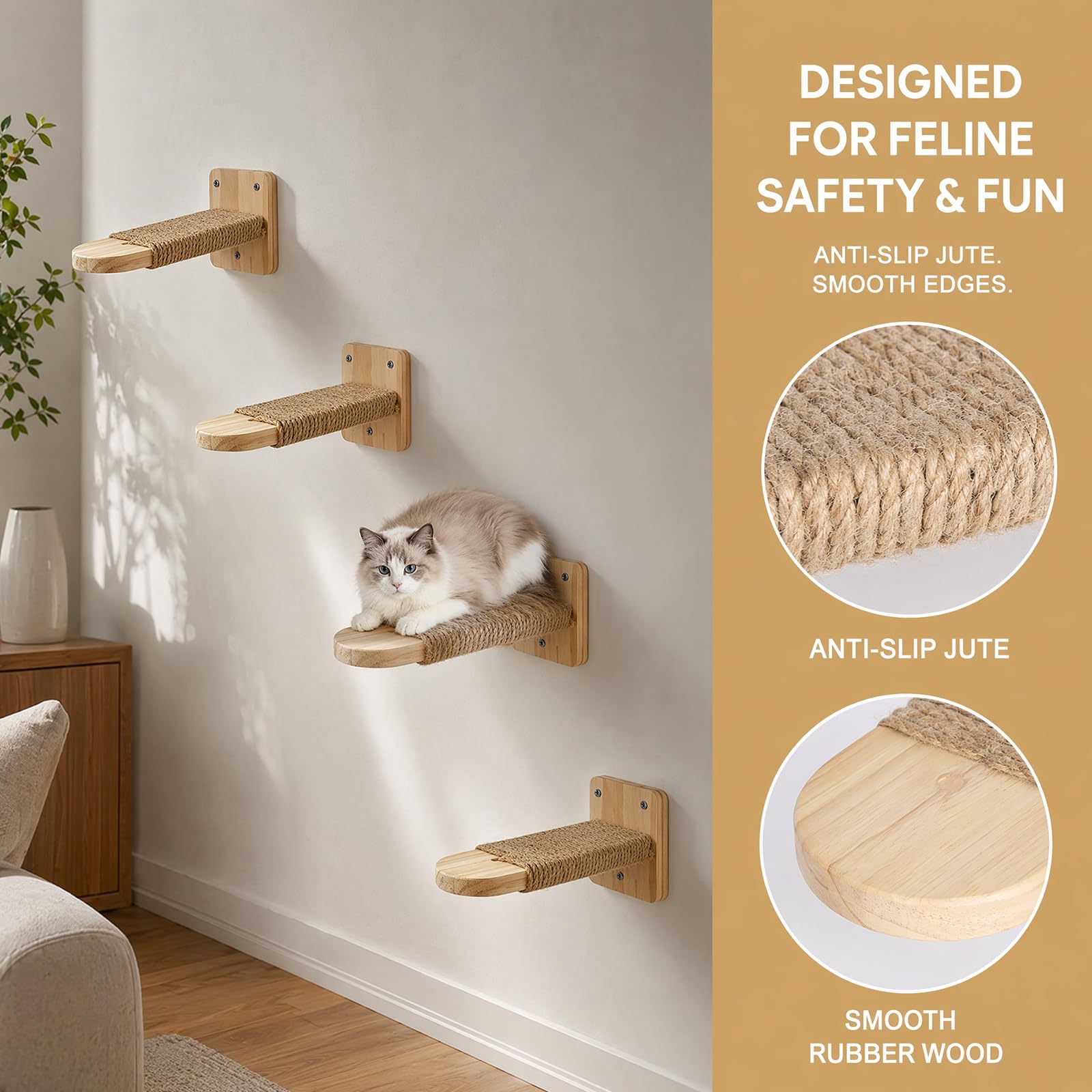 Katzentreppe Wand 4 Stück, Kletterwand Katzen mit Juteseil zum Kratzen, Katzen Kletterwand Set, Katzenmöbel Wand für Katze Klettern Spielen