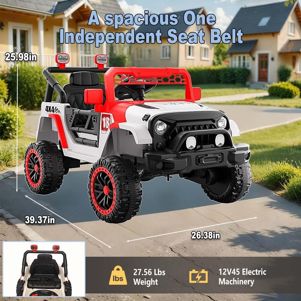 12V Kids Car, 4x4 Electric Car for Kids with Remote Control, LED Headlights & Music, Ride-On Truck Toy Gift for Boys Girls 3-8 Years (Flame Red & White)