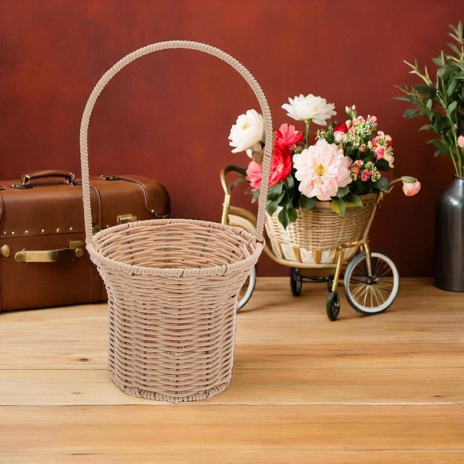 Ipetboom Imitation Rattan Flower Girl Basket with Handle Vintage Woven Wedding Candy Basket for Bridal Ceremony and Fruit Picking