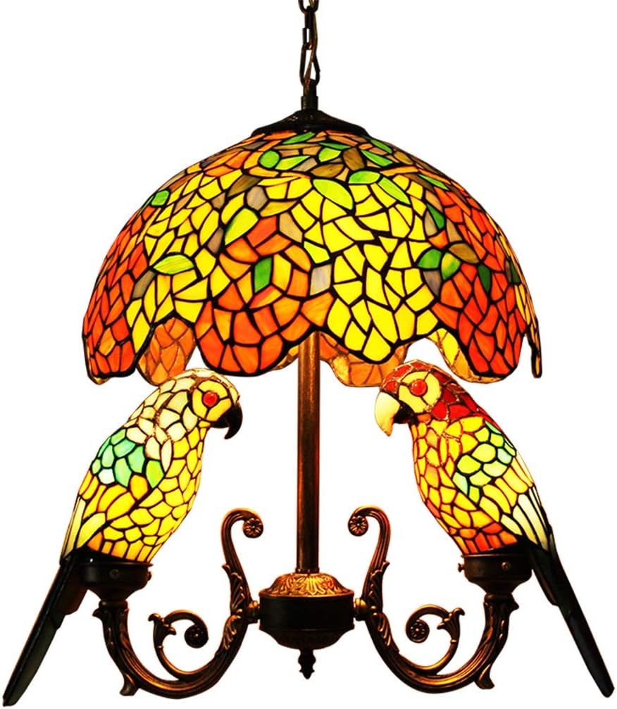 Makenier Tiffany Style Chandelier Ceiling Light Fixture Hanging Pendant Light for Sitting Room Bedroom Stainded Glass Vintage Antique Style 16" Handcrafted Shade (Wisteria Dome+2 Parrot Bird Shades)