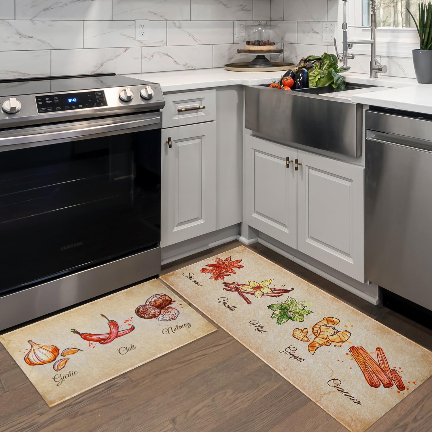 Tropical Leaves Kitchen Mats For Floor, Palm Leaf Grey White Blue Boho Kitchen Rugs Set Of 2 Carpet Area Rug, Summer Abstract Leaves Modern Kitchen Decor And Accessories Stuff, 17x30 And 17x47 - View #9