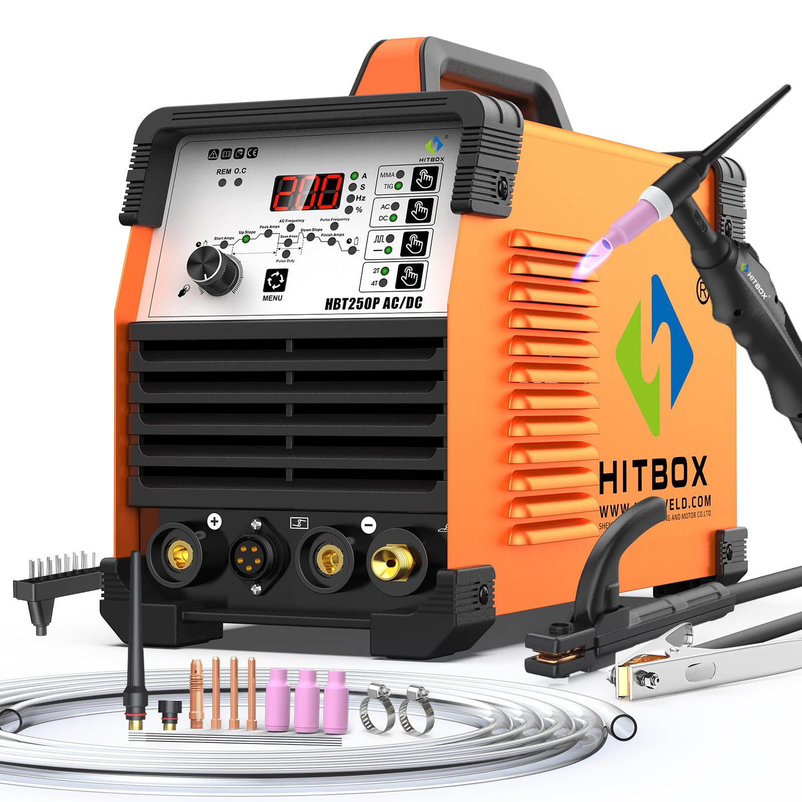 HITBOX Soldadora TIG 6 en 1 AC/DC, 200 A, Función Pulsada, Tecnología Inversor IGBT, Control Digital 2T/4T, Nueva Versión para Aluminio, Acero Inoxidable y Acero (HBT250P AC/DC)