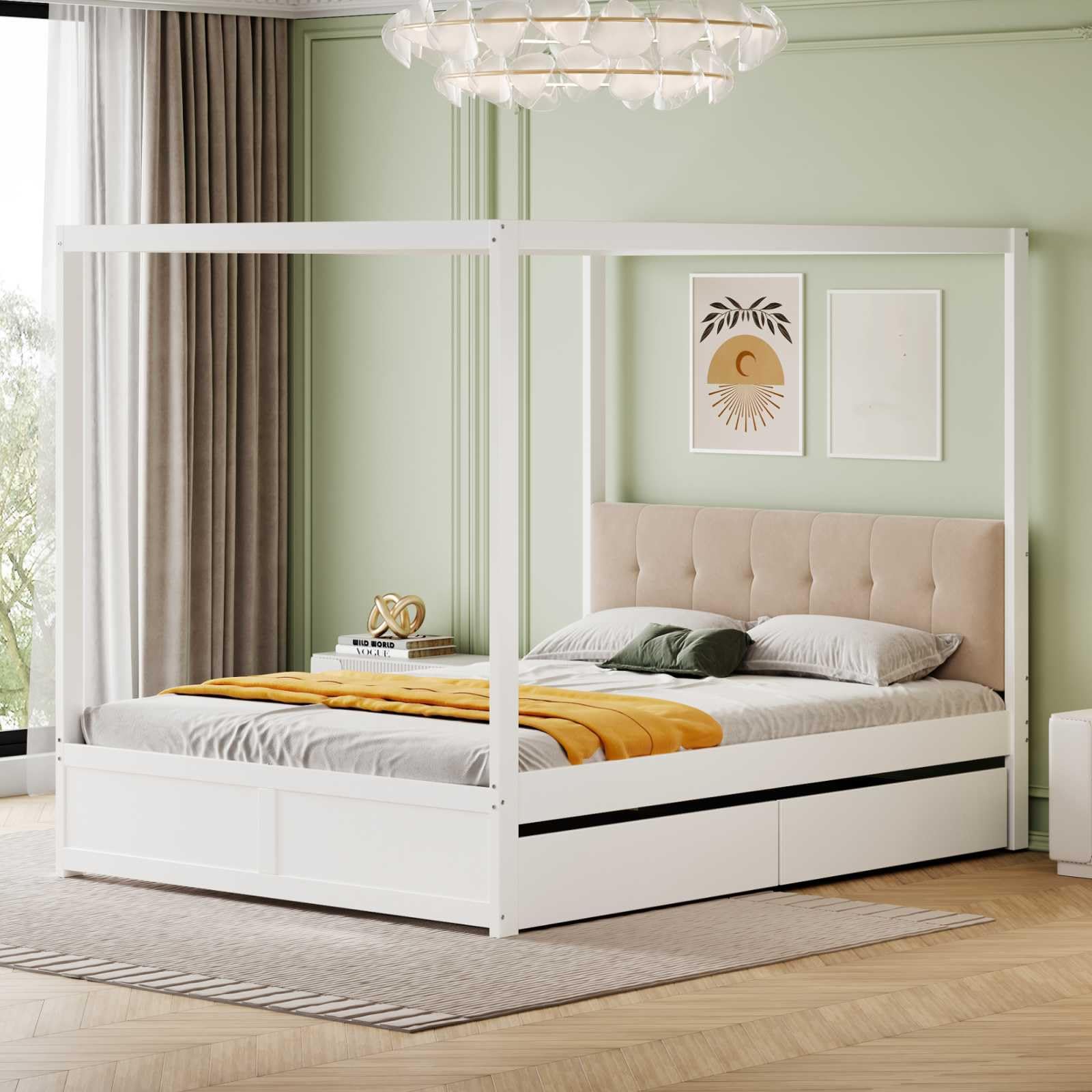 YEHTOKHOME Lit à baldaquin 140x200cm,lit Multifonctionnel avec Deux tiroirs,lit en Bois avec Dossier rembourré,lit Double avec sommier à Lattes(sans Matelas) (Blanc)