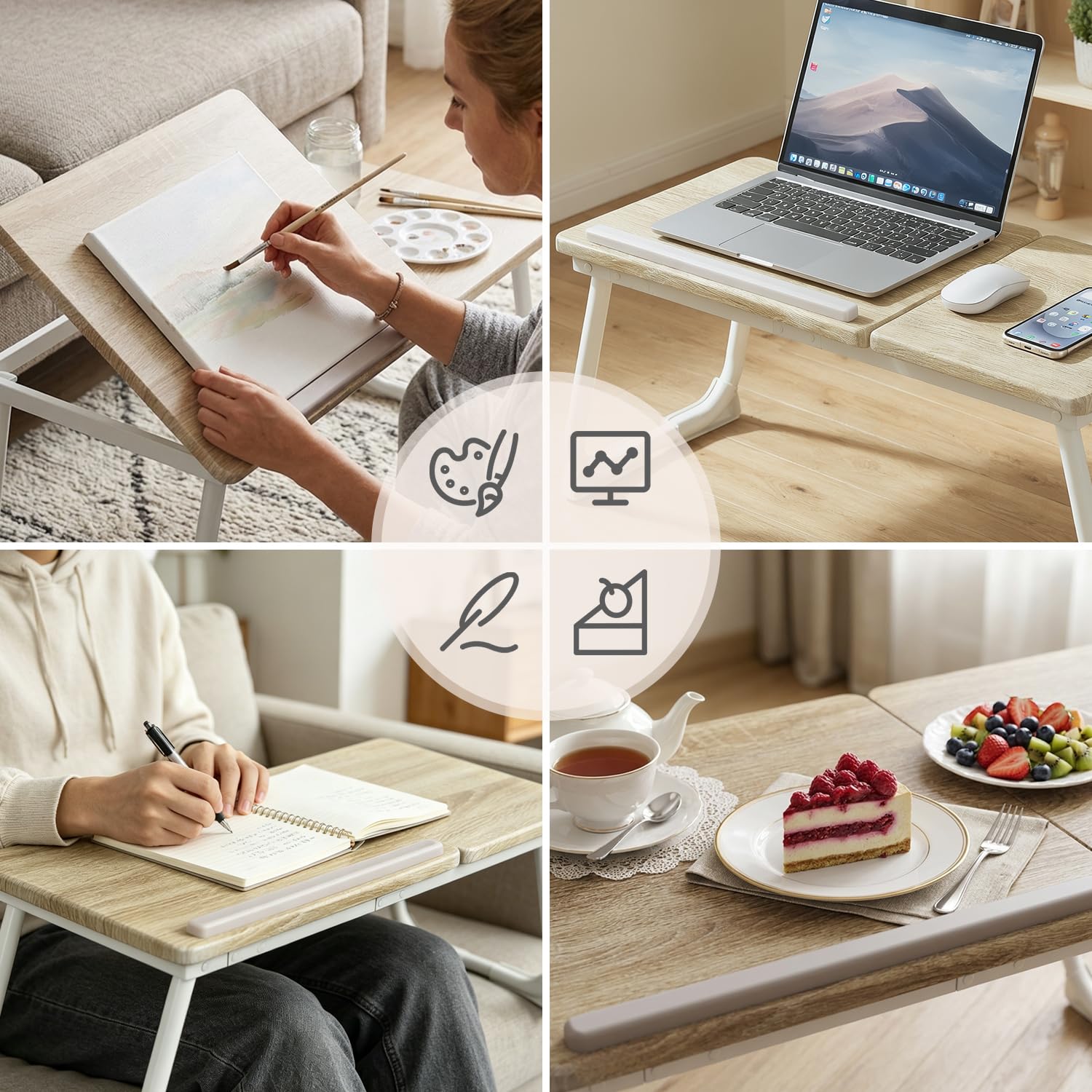 MEUBLE COSY Tavolino Pieghevole Vassoio da Letto Scrivania per Laptop PC Divano Supporto Regolabile e Portatile, Rovere + Bianco