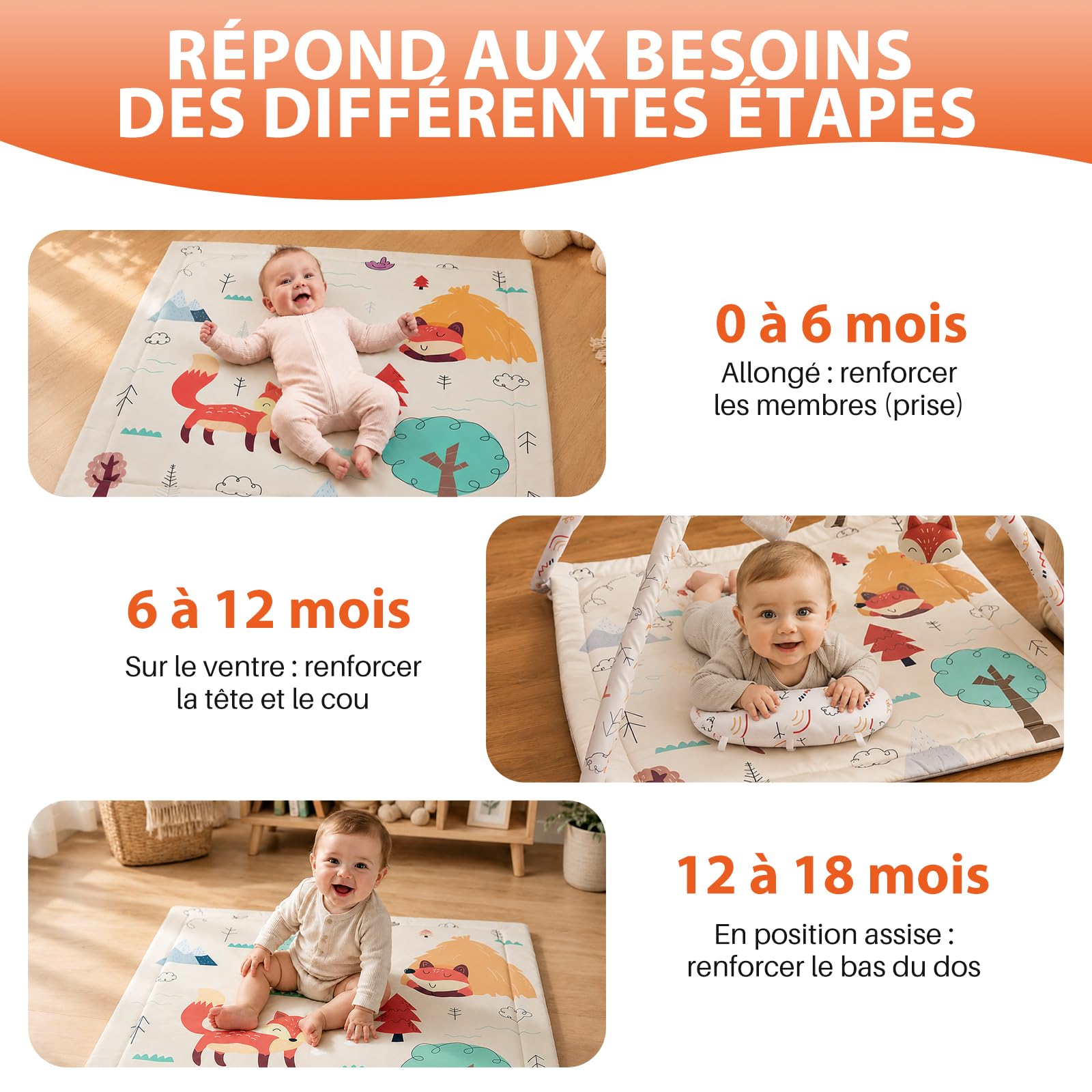 FUNYKICH Tapis D’Éveil pour Bébé Tapis de Jeu Multifonctionnel | Tapis d’éveil bébé avec jouets sensoriels renard,hochet,papier sonore,miroir et coussin ventral pour tummy time 0-18 mois