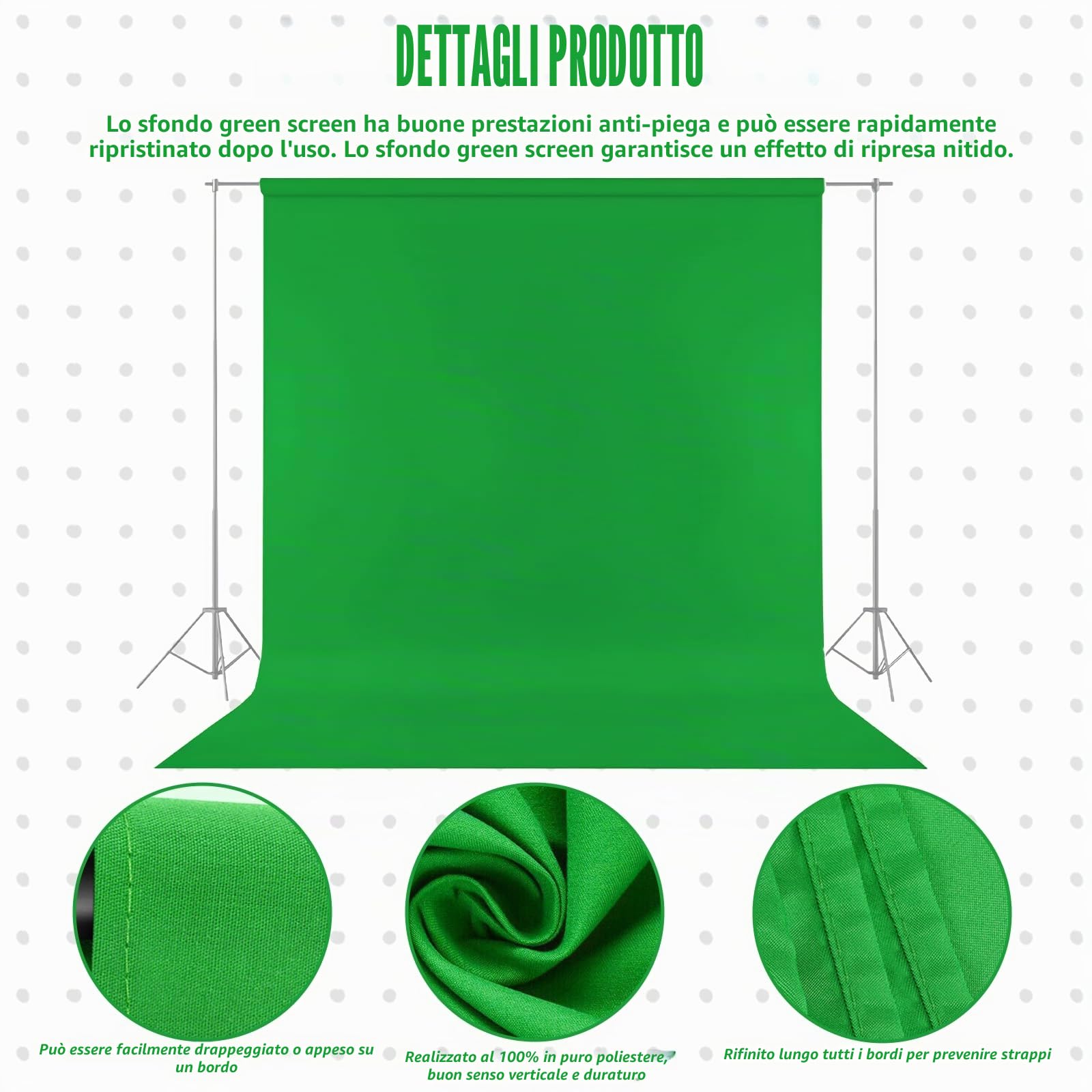 Sfondo Chroma Key Verde 300x300 Cm – Opaco, Lavabile, Con 4 Clip Incluse - 2