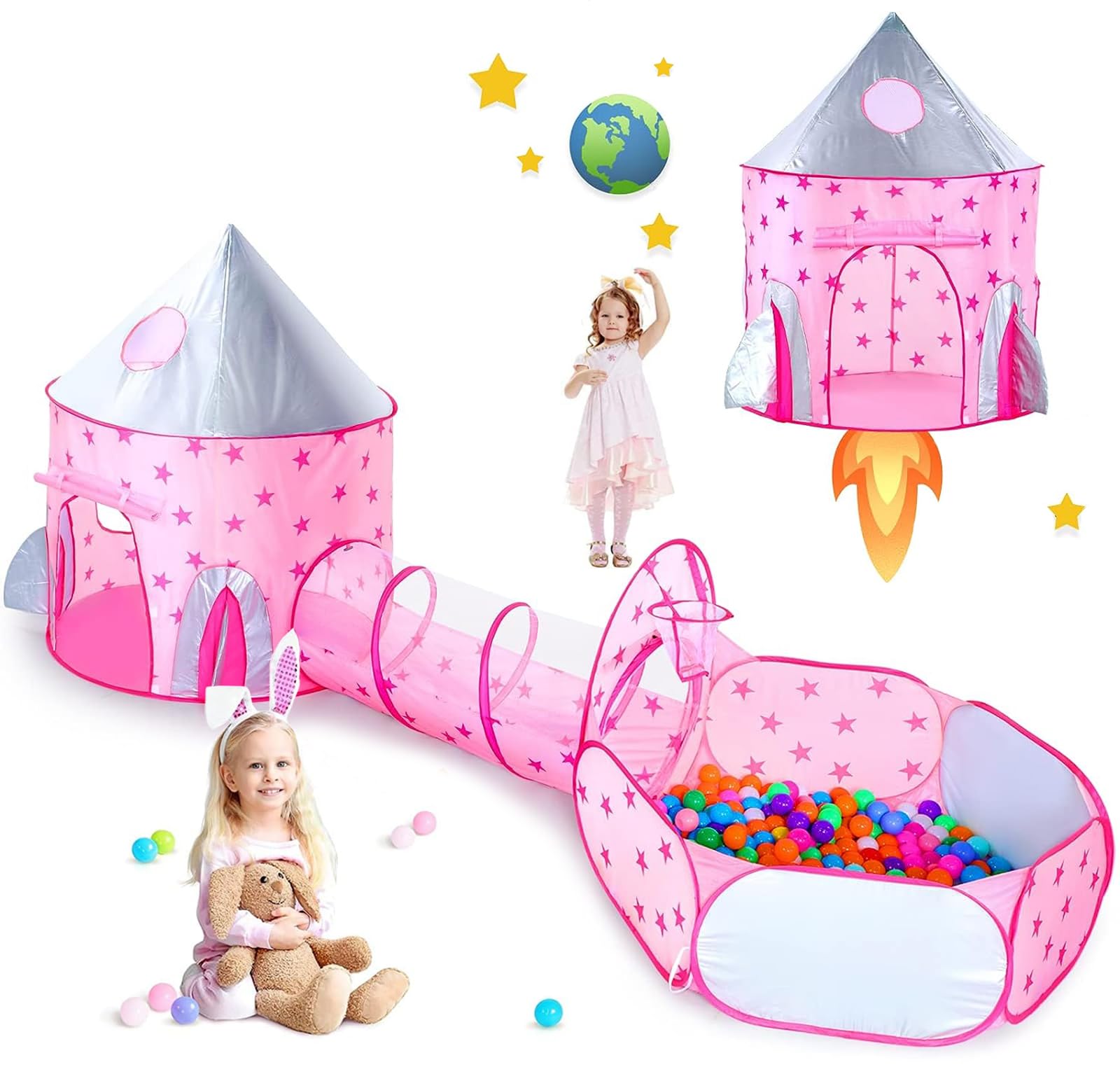 SooFam 3PC Rocket Princess Kids Play Tent with Play Tunnel, Ball Pit, Basketball Hoop for Boys & Girls,Toddler Pop Up Playhouse Toy for Baby Indoor& Outdoor Tent Games, Birthday Kid’s