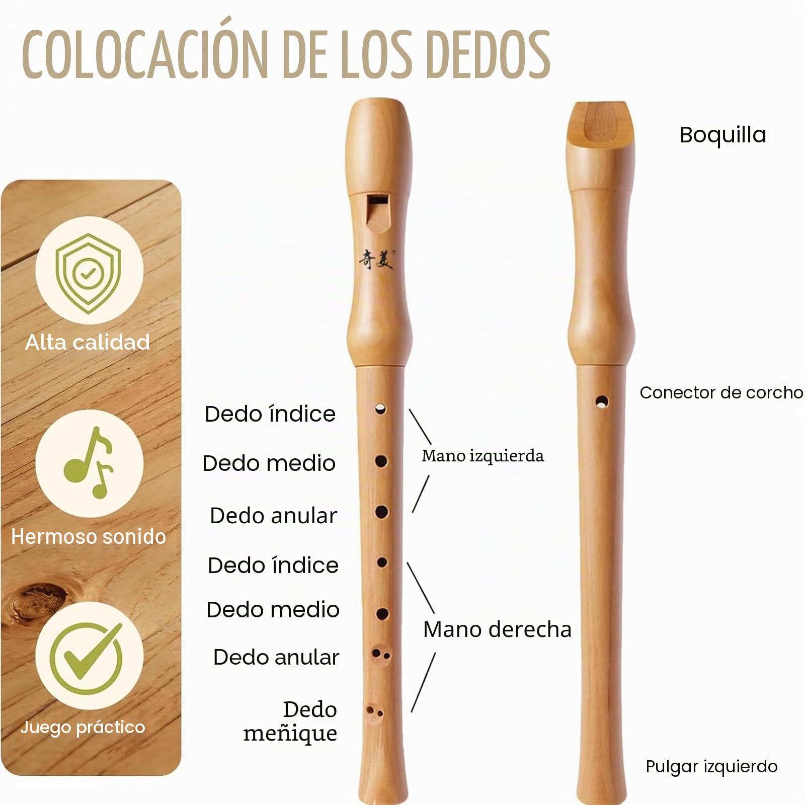 Flauta Dulce Soprano de Madera, Flautas Escolar Principiantes de 8 Orificios Diseño Desmontable, Flauta Madera con Funda Escolar y Limpiador Escolar, Barroco Digitación