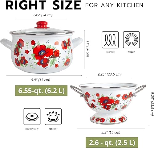 Miniatura 5 de Juego de cacerola y colador de pasta de aluminio esmaltado con toalla de cocina de algodón y espátula de cortesía, 1 olla, 1 tapa de vidrio, 1