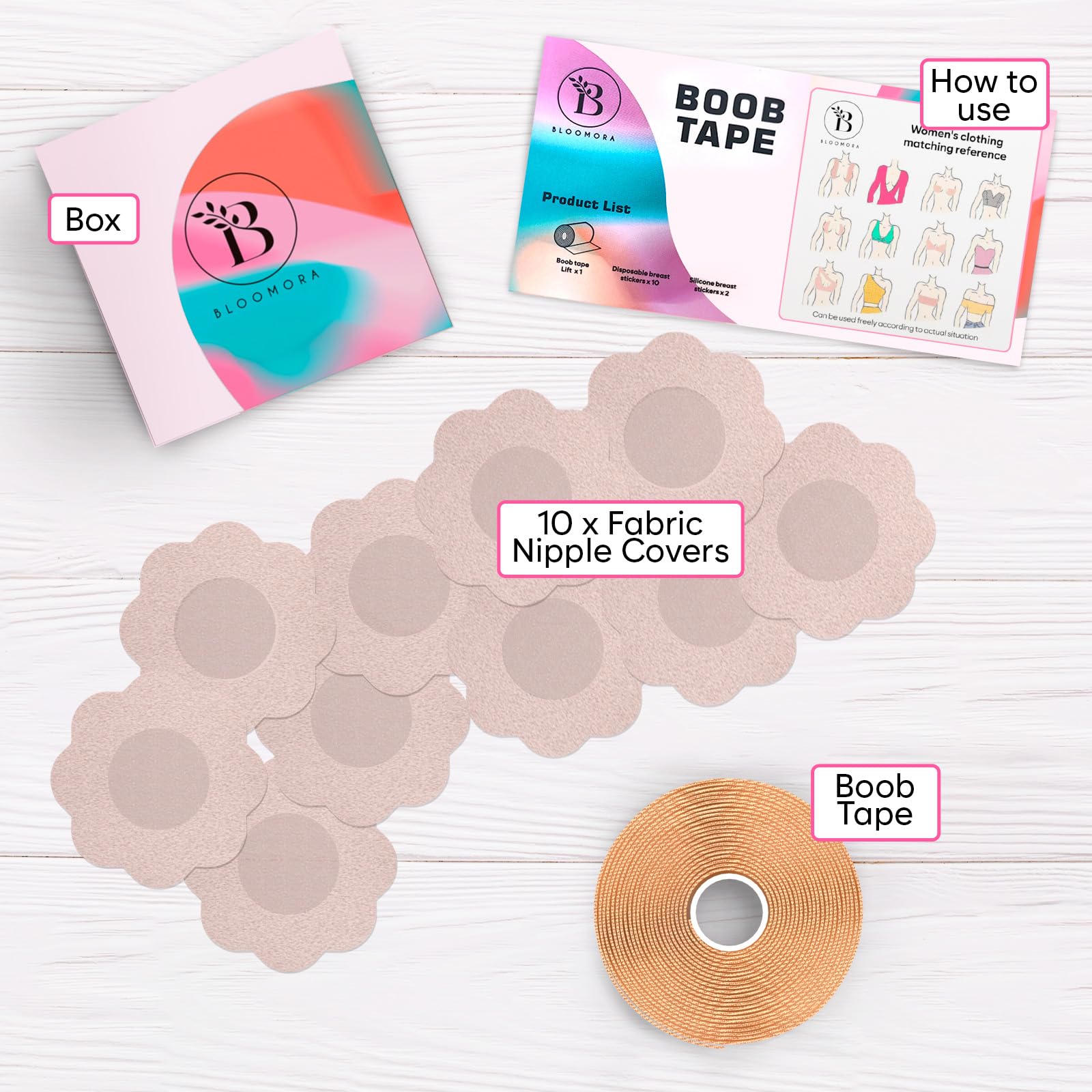 BLOOMORA Boob Tape Essential – 5 cm taśma boobytape z silikonowymi osłonami na sutki – bardzo szeroka taśma do podnoszenia piersi dla dużych piersi – niewidoczny samoprzylepny biustonosz dla kobiet