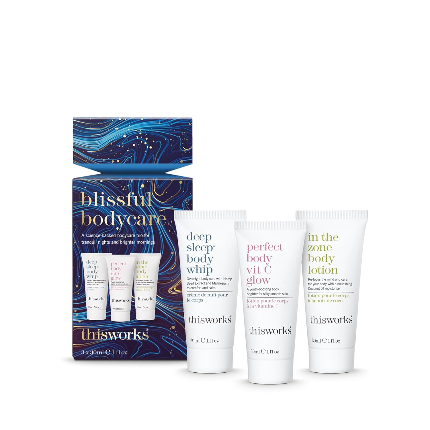 THISWORKS Blissful Bodycare Trio – Deep Sleep Body Whip, Perfect Body Vit C Glow, In The Zone Body Lotion (30ml each) – Travel-Size Moisturizers