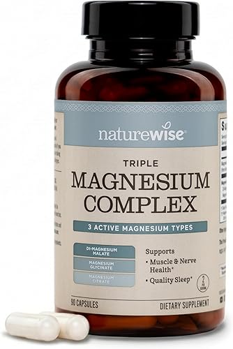 NatureWise Complejo triple de magnesio, glicinato de magnesio de alta absorción + malato + citrato para nervio muscular y apoyo energético, vegano,