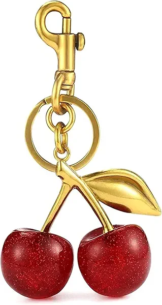 Lmuwecno Luxurious 18K Gold Plated Cherry Bag Charm, Cherry Keychain Accessory Purse Charm