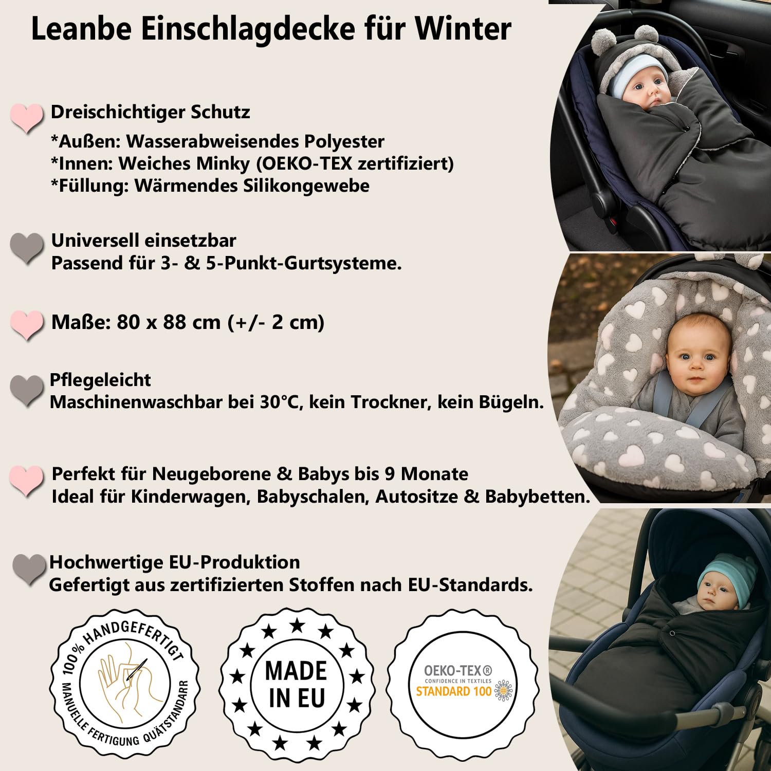 Fußsack Baby Einschlagdecke für Winter geeignet für Kinderwagen Babyschale Babyfußsack Babybett Autositz Buggy (Schwarz)
