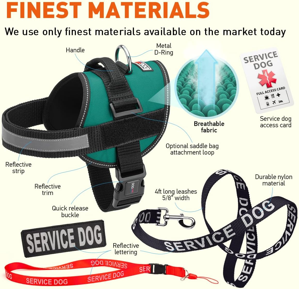 Dogline Service Dog Vest Harness Bundle Service Dog Reflective Leash & Patches Service Dog in Training Set, ADA IDs for Travel Support Therapy Dogs Girth 18 to 25 in Teal