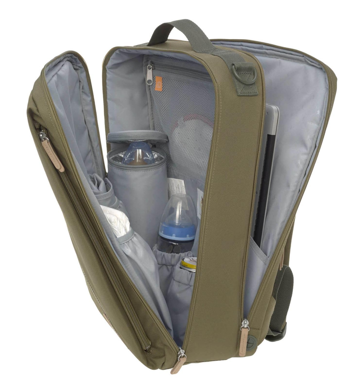 LÄSSIG Baby Wickelrucksack mit Wickelunterlage, Kinderwagenbefestigung, Flaschenwärmer wasserabweisend nachhaltig produziert/Green Label Tidy Talent Backpack olive