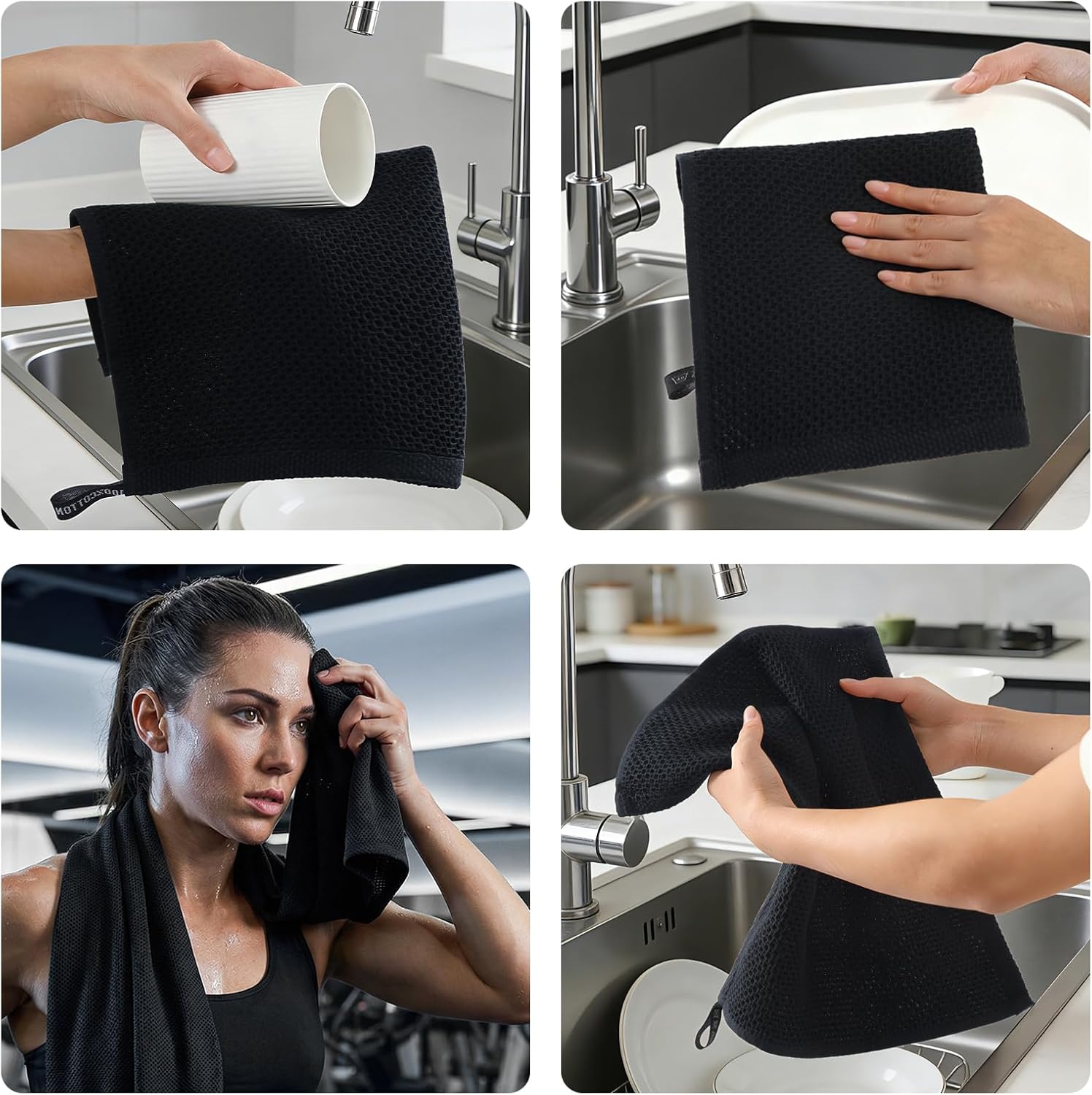 REDKISS 8 Piece Waffle Weave Towel Set - 100% Cotton Lightweight & Quick Dry - Highly Absorbent for Bathroom, Spa, Home, 2 Bath Towels, 2 Hand Towels, 4 Washcloths - Black