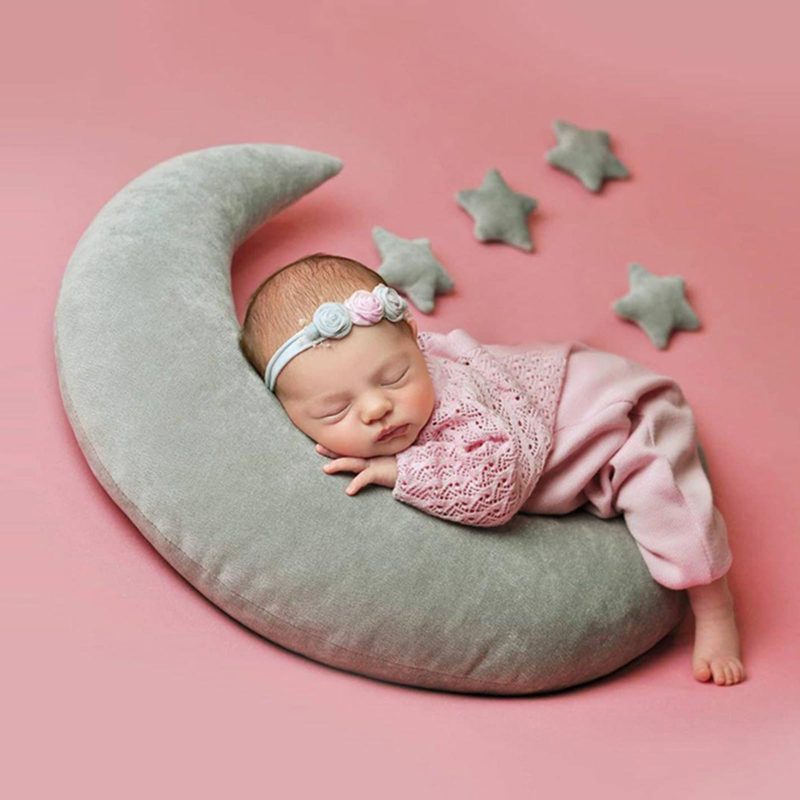 Star Pillow Newborn Photography Prop Set - Crescent Moon & Stars Pillows For Baby Photos (White Velvet) Newborn Photography Props