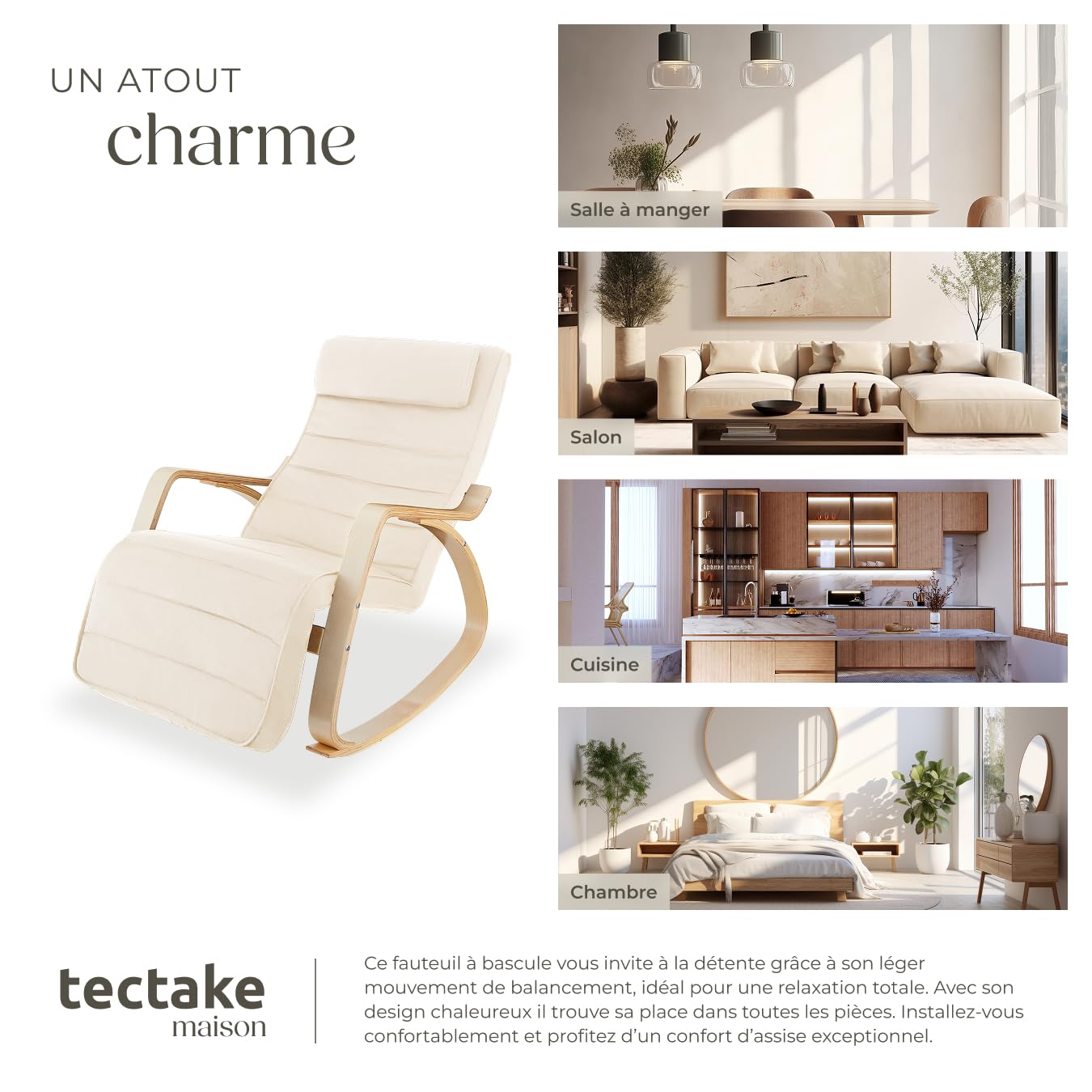 tectake® Fauteuil à Bascule avec Accoudoirs & Repose Pieds Réglable en 5X Rocking Chair Fauteuil Relax rembourée Cadre en Bois Fauteuil Salon Veranda, Chaise Ergonomique idéal Détente, Allaitement