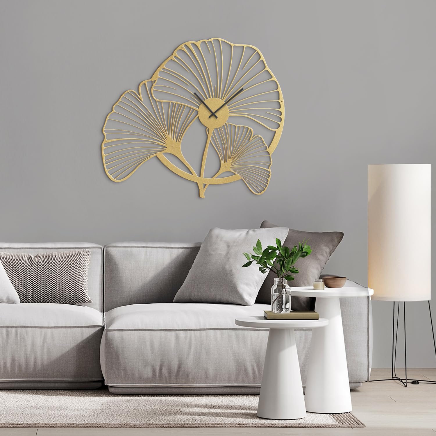 SIGNLEADER Metal Wall Clock Wall Art Decor, Artistic Ginkgo Leaf Wall Sculpture Clock Silent Battery Operated Hangings Home Decoration for Living Room