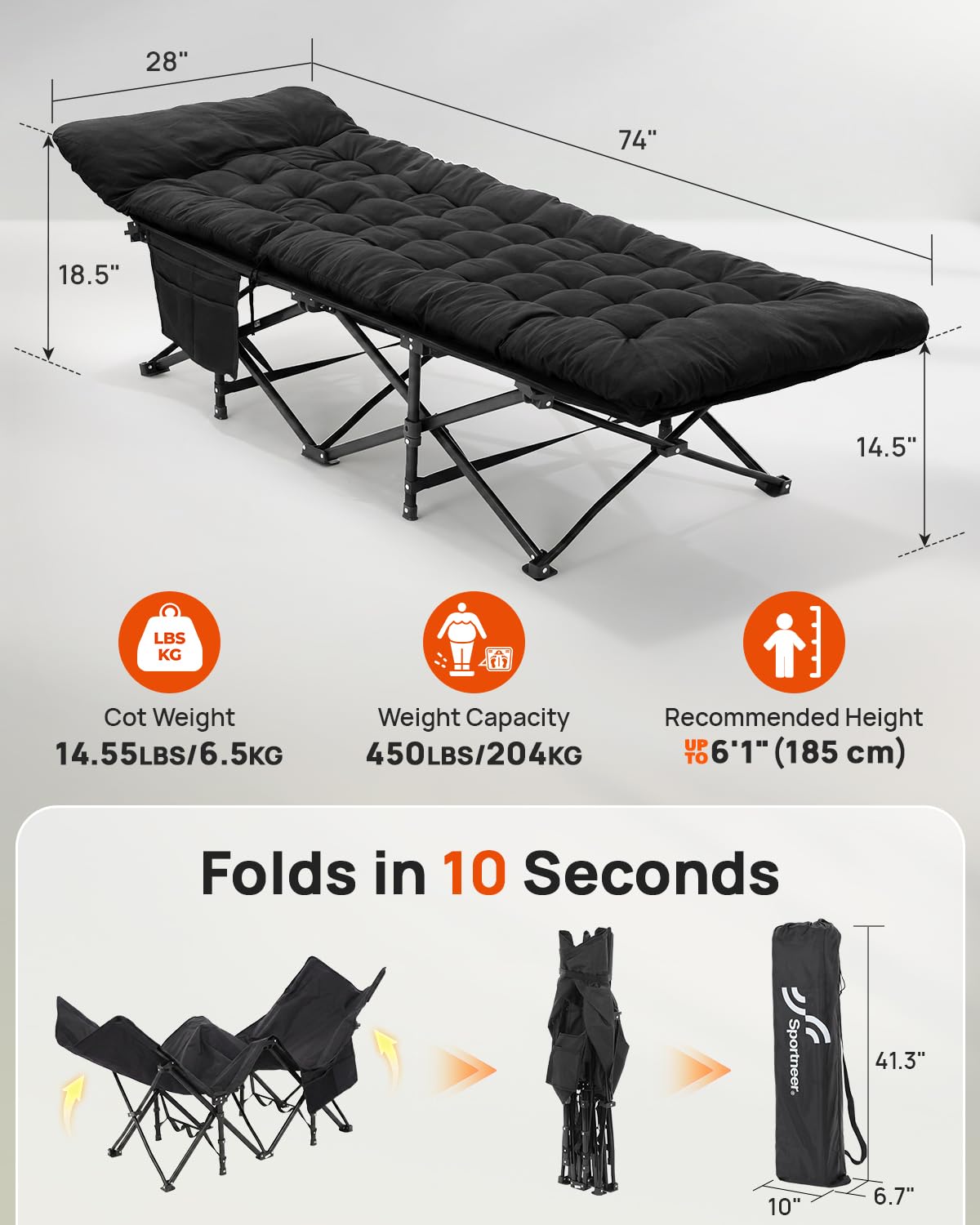 Sportneer Feldbett mit Matratze, Klappbett Breite 71/81cm Tragfähigkeit 204KG Gästebett Campingbett Feldbett Mit Aufbewahrungstasche für Erwachsene Outdoor Indoor Garten Camping Reisen