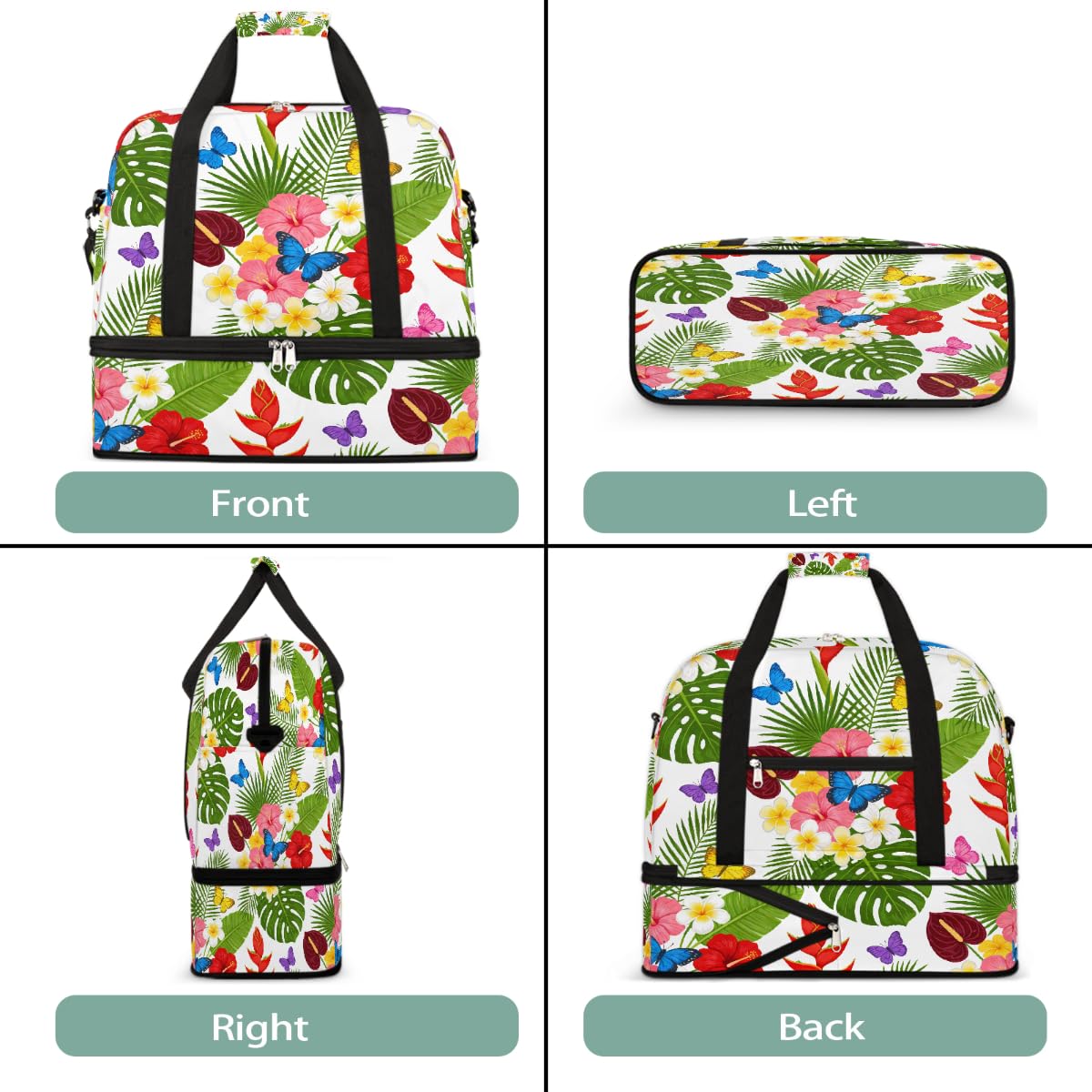 Borsone da viaggio pieghevole con motivo floreale tropicale e farfalla, borsa da palestra espandibile con scomparto per scarpe, borsa da weekend di grande capacità, borsa da portare con sé, per viaggi