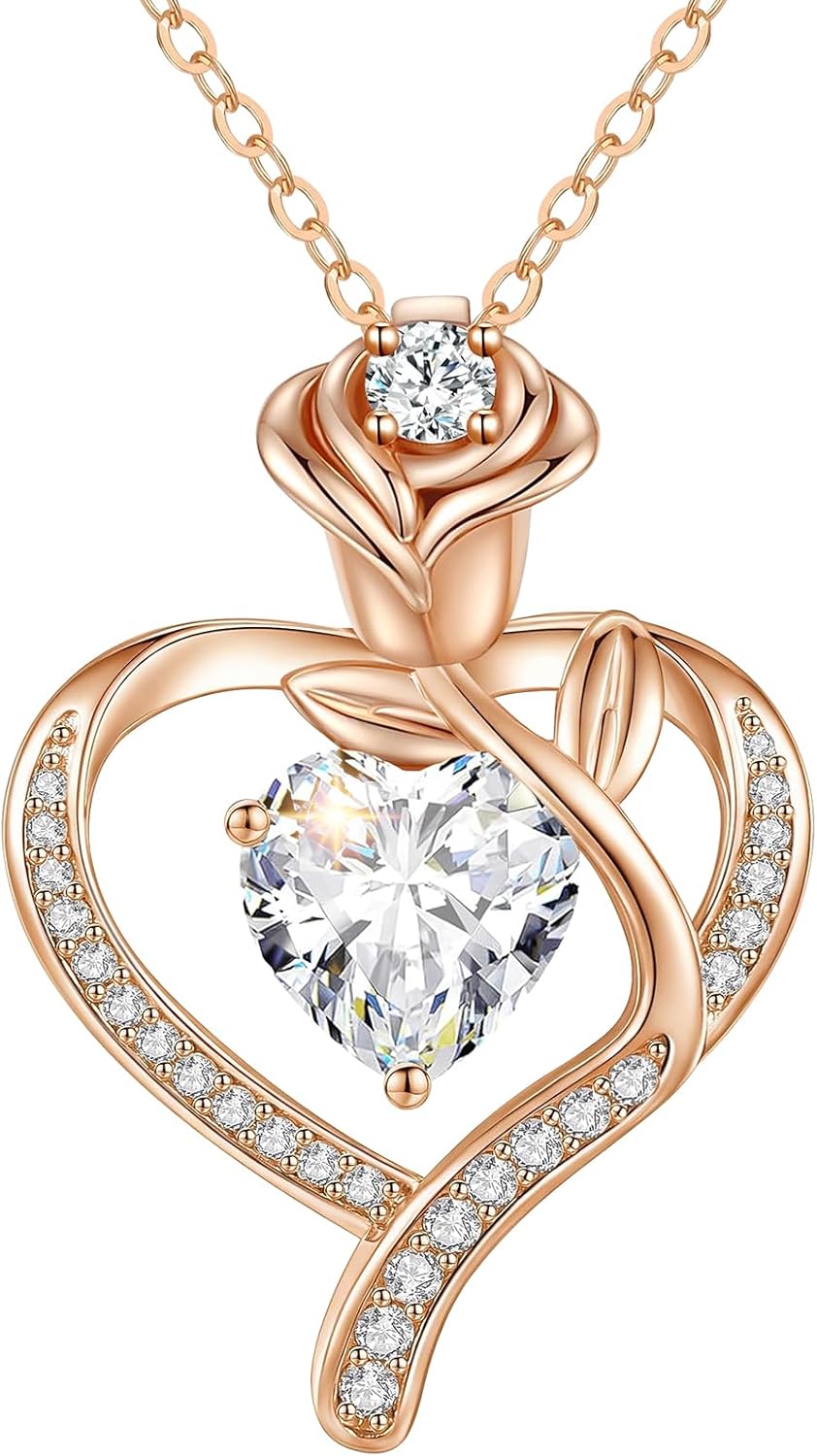 Women's Sterling Silver Heart-Shaped Necklace, 925 Sterling Silver Zirconia Rose Heart Pendant—A Jewelry Gift for Your Wife, Girlfriend, or Mother, Perfect for Anniversaries and Birthdays Style 3