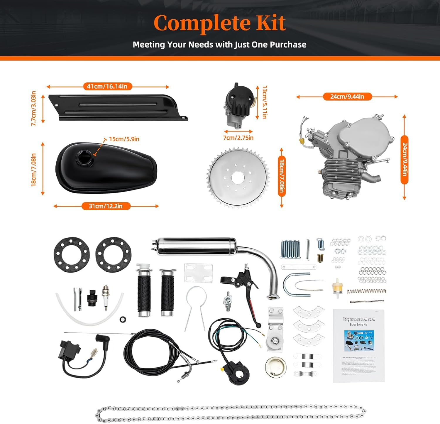 Moteur à deux temps 80 cc pour vélo électrique à essence - Kit CDI - Moteur électrique silencieux - Vitesse maximale 38 km/h - Convient pour VTT, vélo de route
