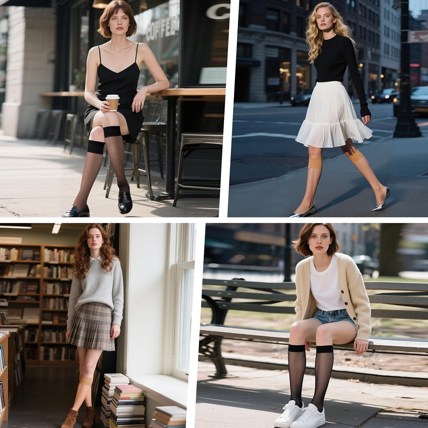 4 Pairs Knee High Stockings for Women Anti-Slip Cotton Sole Nylons Sheer Socks with Wide Calf - Image 6