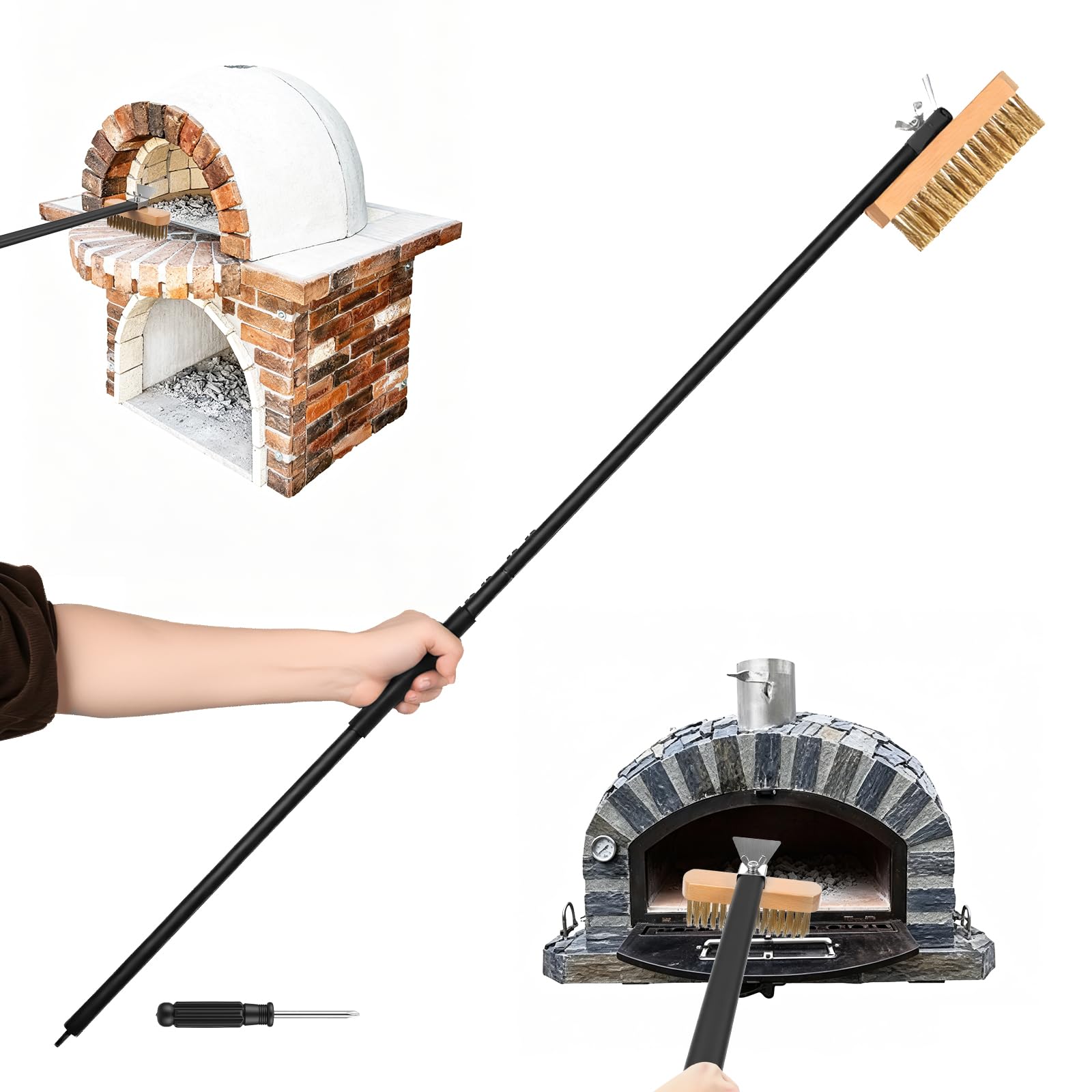 Spazzola per forno per pizza, con raschietto, spazzola per barbecue con setole in rame e manico in alluminio, resistente al calore, per griglia e forno, spazzola per la pulizia del giardino (nero-1