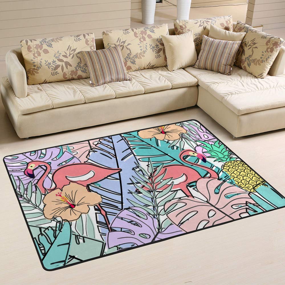 Tapis pastel grand salon Ruchen style flamant rose et oiseaux exotiques