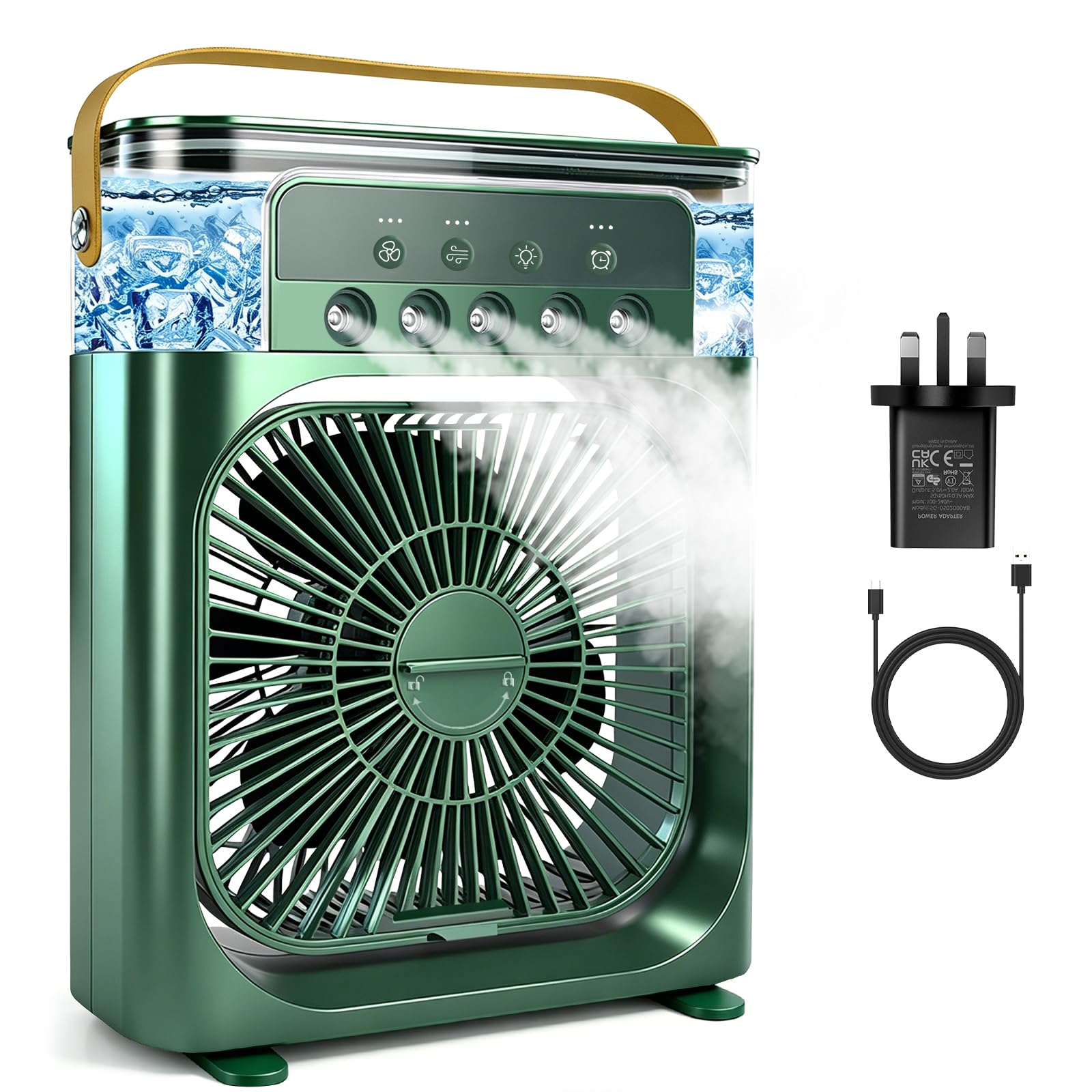 Portable Air Conditioner Fan, Mini Evaporative Air Cooler with 5 Spray Nozzles,3 Wind Speeds,3 Timers, 7 Colors LED Light,600ML Personal AC Unit Fan for Bedroom Office Camping（Green)
