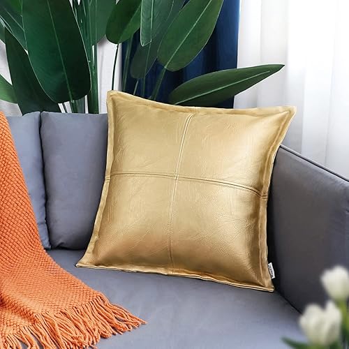 Miniatura 2 de BRAWARM Almohada Decorativa de Cuero Dorado de 16 X 16 Pulgadas, Funda de Almohada de Cuero Sintético con Ribete, Fundas de Almohadas Decorativas de