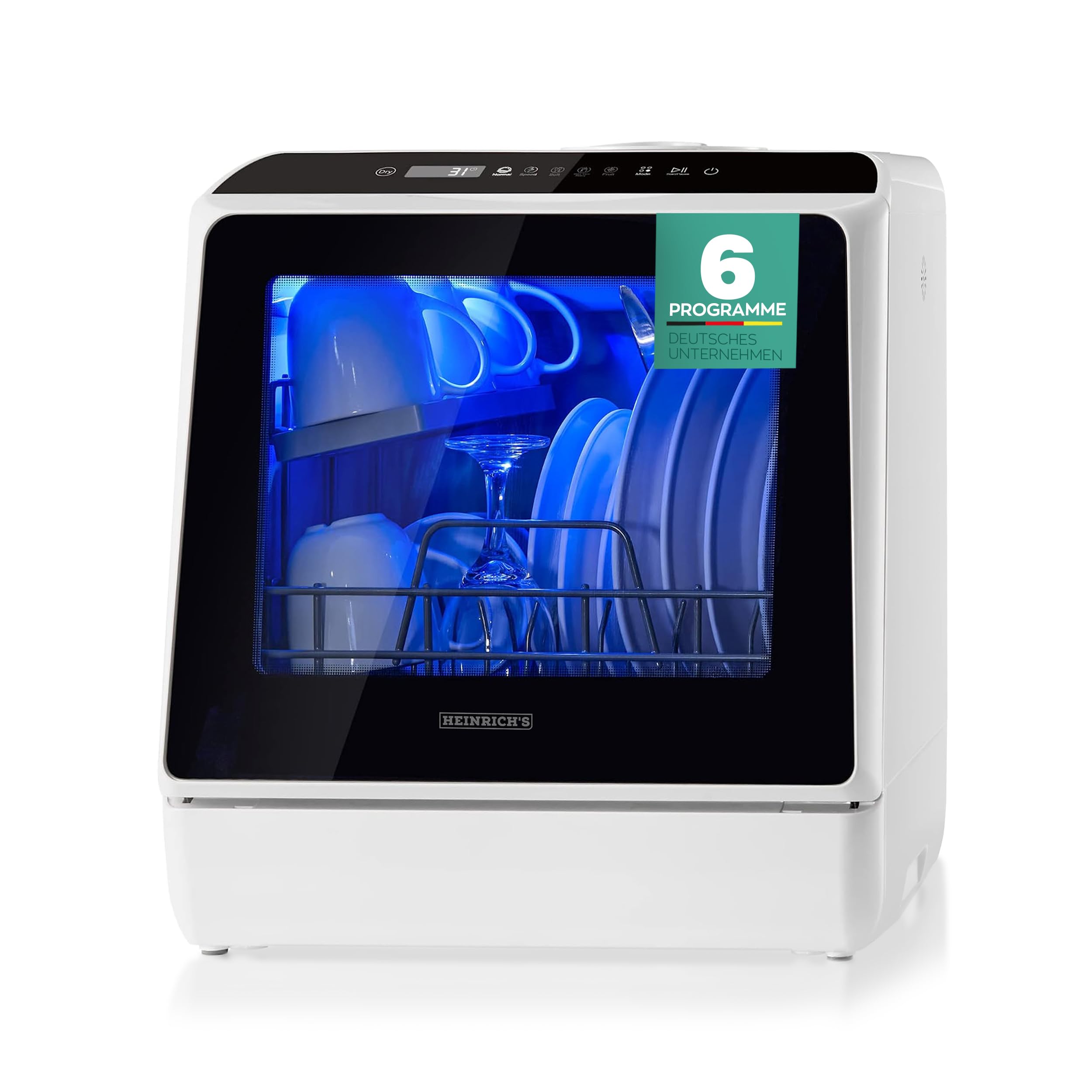 Heinrich´s tragbarer Mini Geschirrspüler, Spülmaschine, Tischgeschirrspüler mit 5L Wassertank, mit oder ohne Wasseranschluss nutzbar, klein+ freistehend für Büro, Camping/Wohnmobil, 6 Programme, 950W