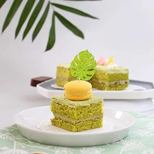 Miniatura 3 de Whaline 48 adornos para cupcakes con hojas tropicales con purpurina, hojas de palma verdes y diseños de tortuga feliz, perfectos para fiestas de