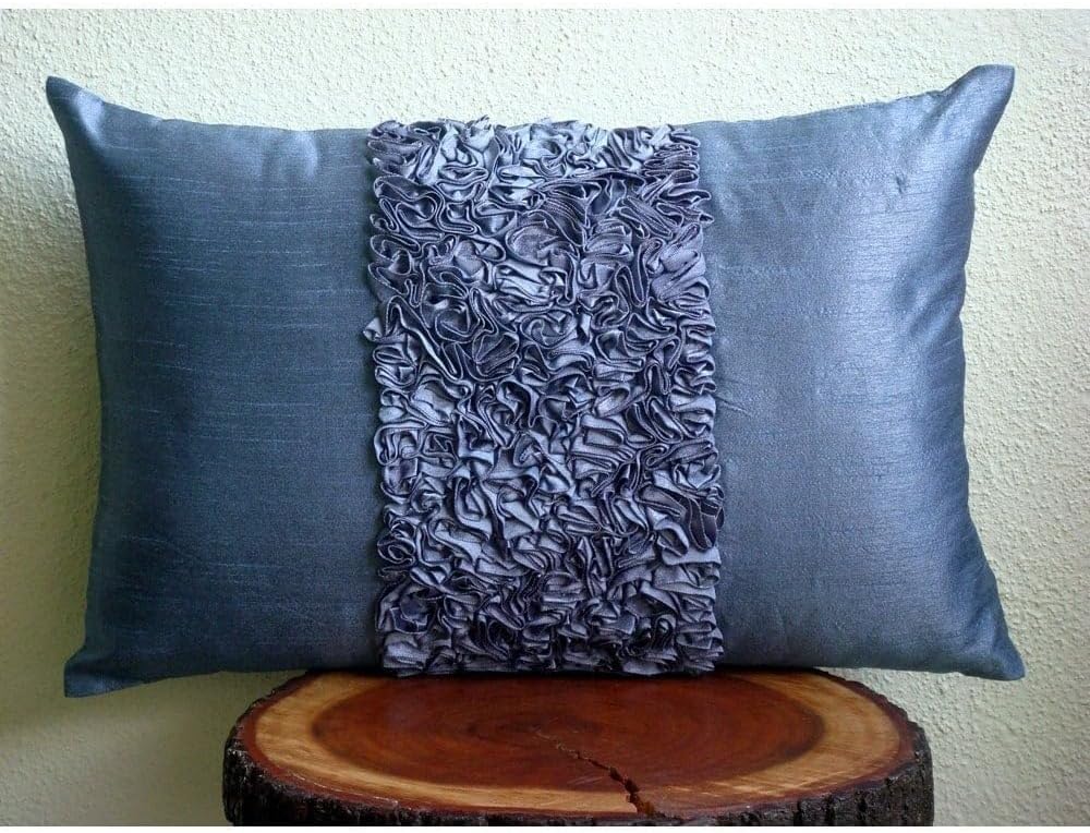 The HomeCentric Blue Lumbar Pillow Cover, Textured Ribbon Lumbar Pillow Cover, 12x16 inch (30x40 cm) Lumbar Pillow Cover, Rectangle Silk Lumbar Pillow Cover, Modern Lumbar Pillow - Blue Love
