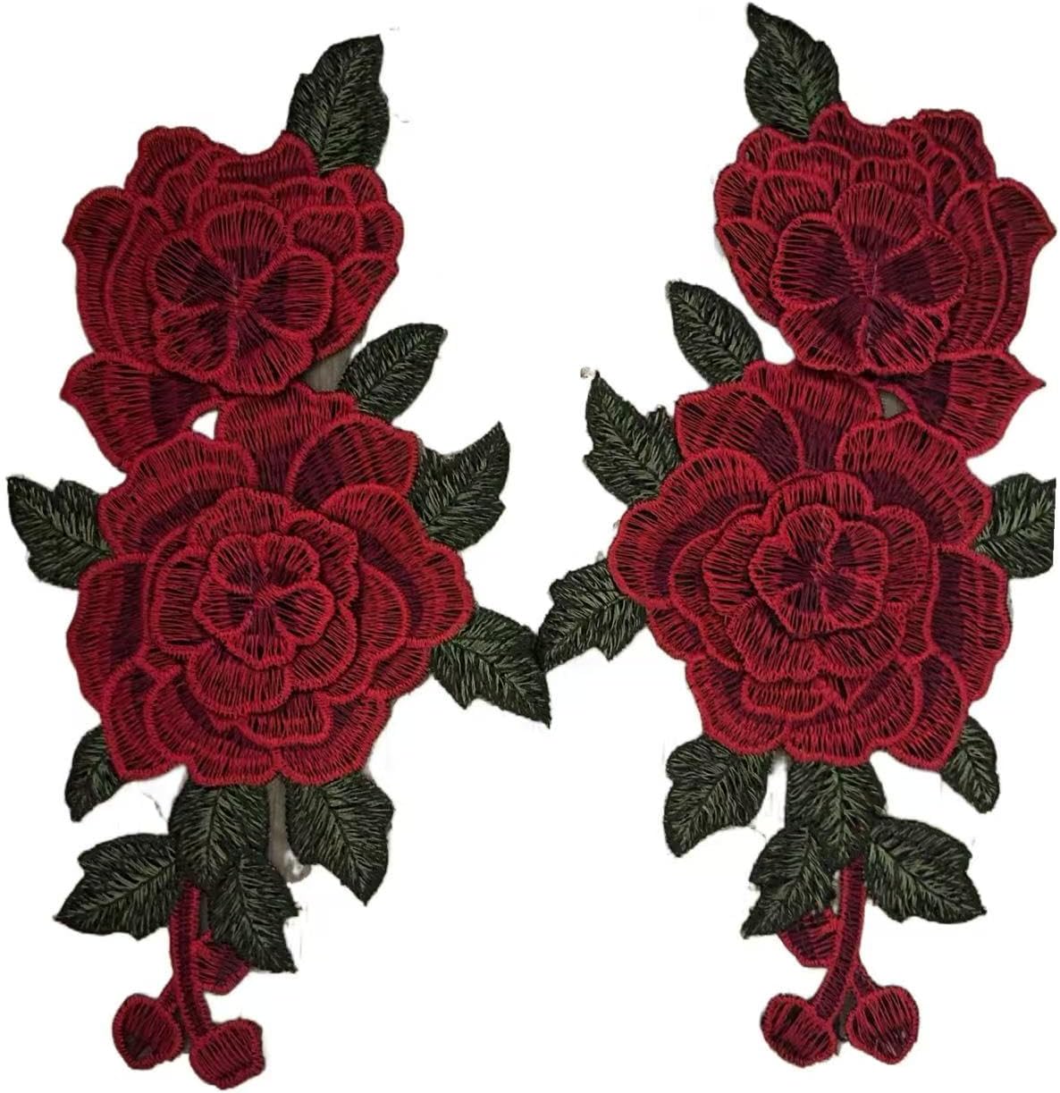 2pcs Rose Red Embroidery Rose Flower Lace Sew On Patch Trim Applique for Clothing Wedding Dress Applique Decor 4.3 x 5.5 Inch