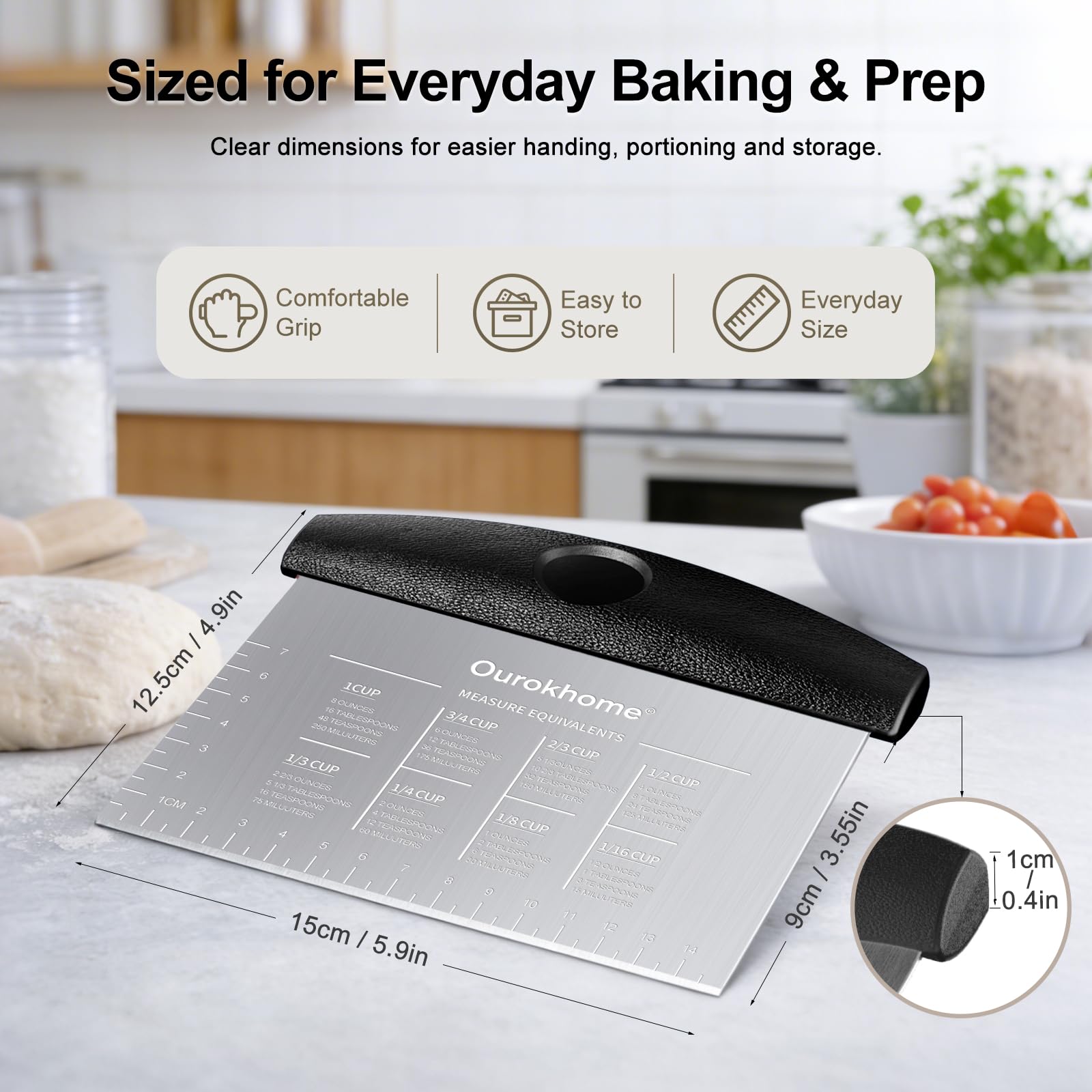 Ourokhome Paquete de 2 raspadores de masa de banco, raspador de masa de acero inoxidable con escala grabada con láser, tabla de conversión, mango antideslizante, apto para lavavajillas para pan y