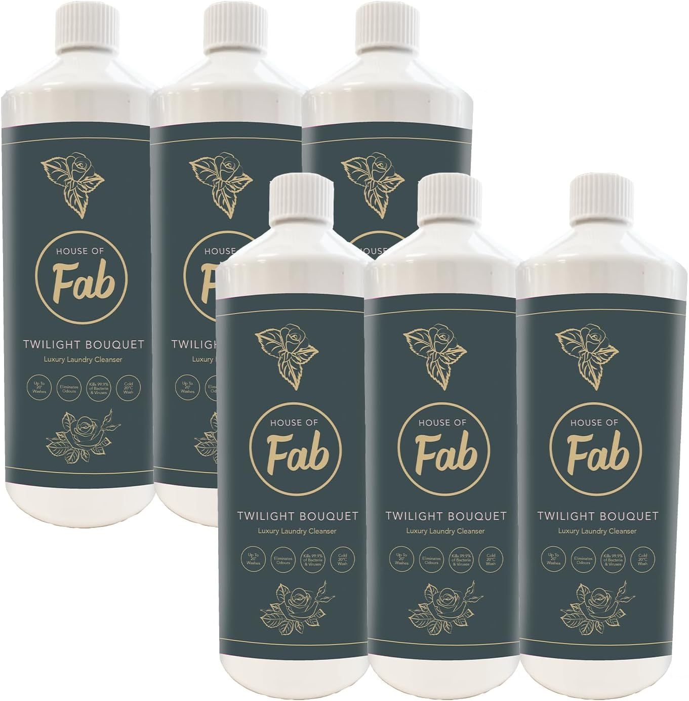 House of Fab Luxury Fragranced Antibacterial Laundry Cleanser and Fabric Softener, Premium Laundry Sanitiser and Freshener, 120 Washes, 1L, 6 Pack, Twilight Bouquet