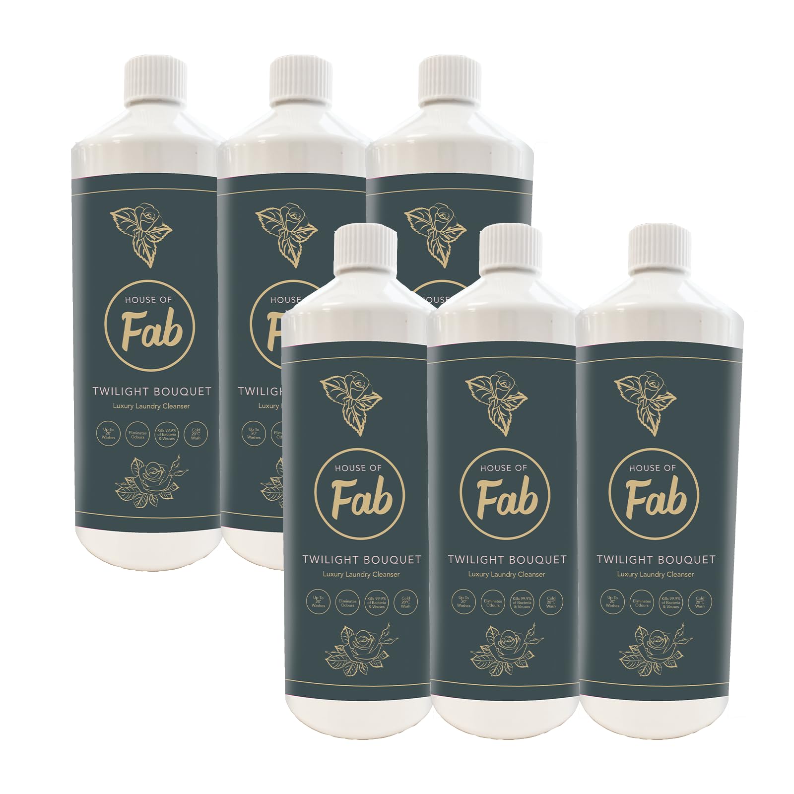 House of Fab Luxury Fragranced Antibacterial Laundry Cleanser and Fabric Softener, Premium Laundry Sanitiser and Freshener, 120 Washes, 1L, 6 Pack, Twilight Bouquet