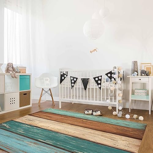 Miniatura 4 de Alfombras de grano de madera marrón turquesa para interiores, antideslizantes, lavables, 2 x 3 pies, diseño retro a rayas, parte trasera de goma,