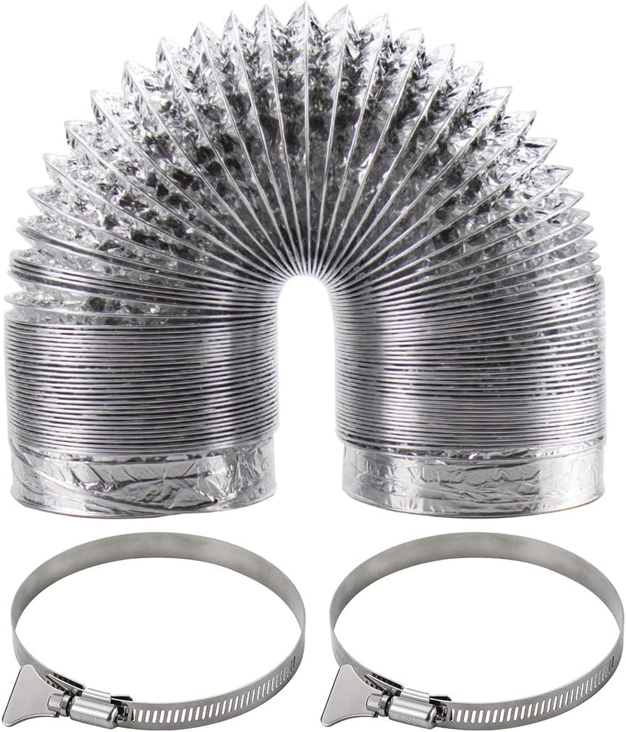Funmit Dryer Vent Hose Kit - 4 In Diameter by 10 Ft Length - with 2 Stainless Steel Worm Clamp - Flexible Universal Aluminum Foil Non-Insulated - Silver