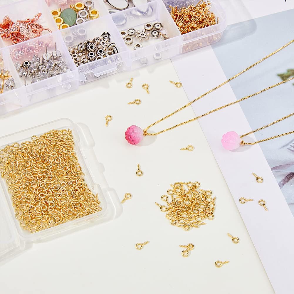 300Pcs 304 Stainless Steel Screw Eye Pin Peg 8x4mm Golden Eye Screws Eye pins Hooks for Half Drilled Beads Eye Screws for Bracelet Keychain Earring Crafts Making Hole: 2mm, Pin: 1.4mm