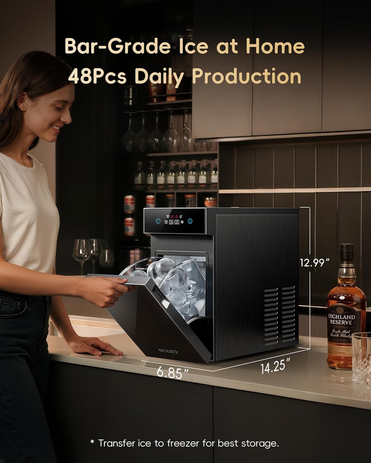 ecozy 2.1" Clear Ice Ball Maker with CrystalFlux Technology, Minimal Footprint Sphere Ice Maker with 8H Timer, 1 pc in 30 Mins, 48 pcs/Day, Self-Cleaning for Home Bar Whiskey & Bourbon