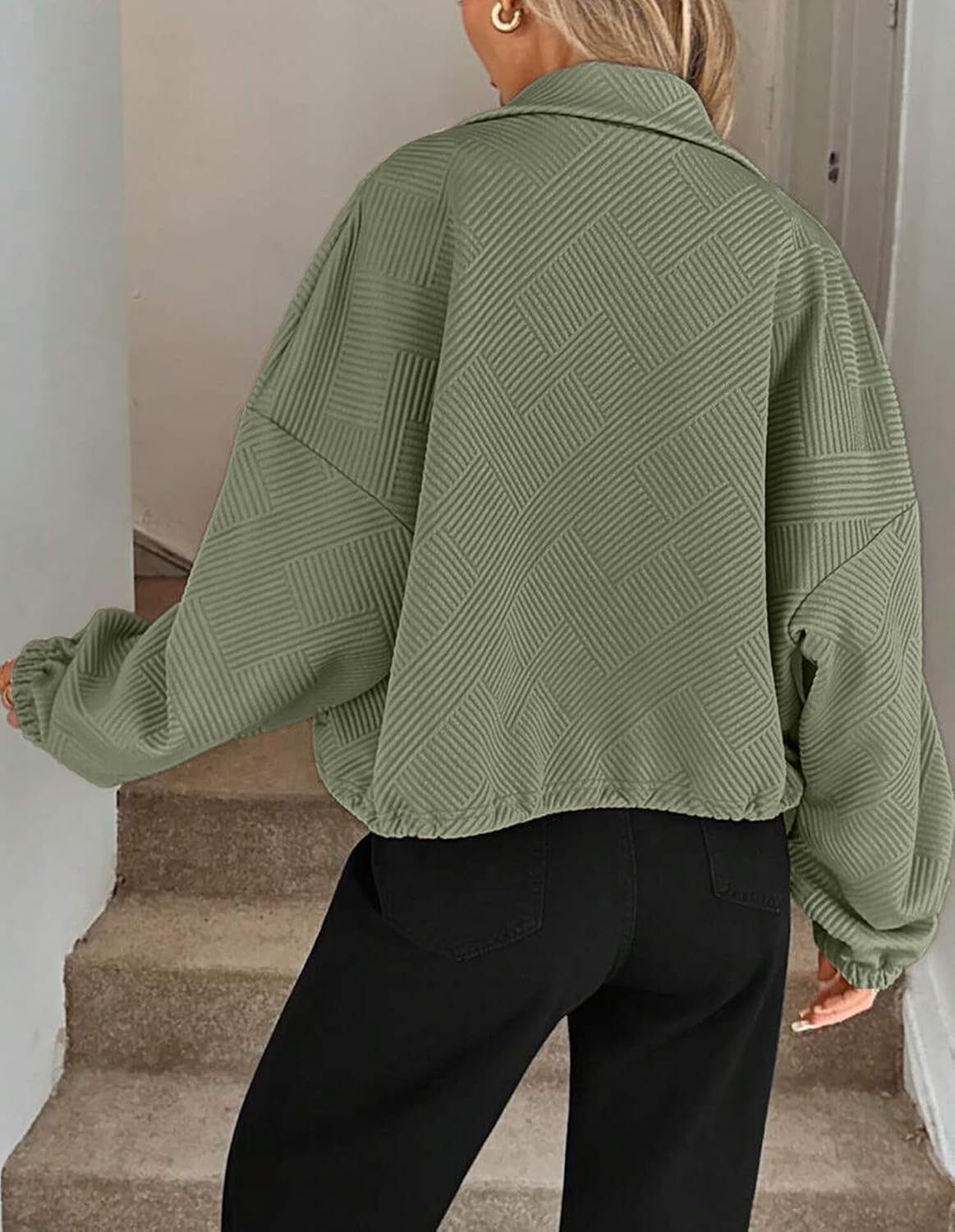 KARRESLY Women’s Cropped Jacket Stand Collar Long Sleeve Lightweight Casual Zip Up Outerwear Coat with Pockets - Image 4