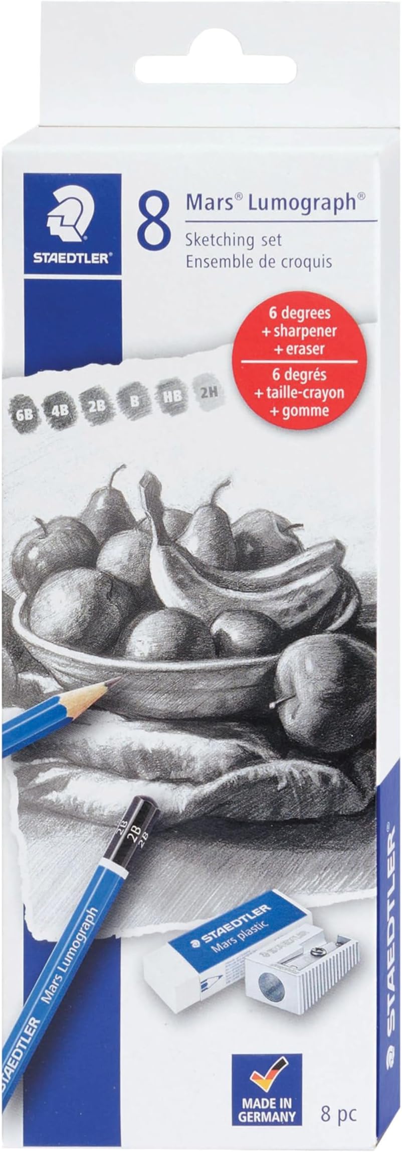 Mars Lumograph Graphite Artist Sketching Set, 6 Pencils (6B, 4B, 2B, B, HB, 2H), Mini Mars Plastic Eraser, Metal Sharpener