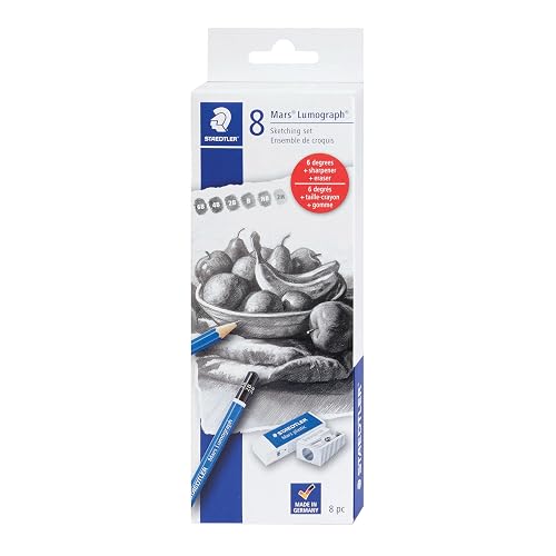STAEDTLER Mars Lumograph Graphite Artist Sketching Set, 6 Pencils (6B, 4B, 2B, B, HB, 2H), Mini Mars Plastic Eraser, Metal Sharpener