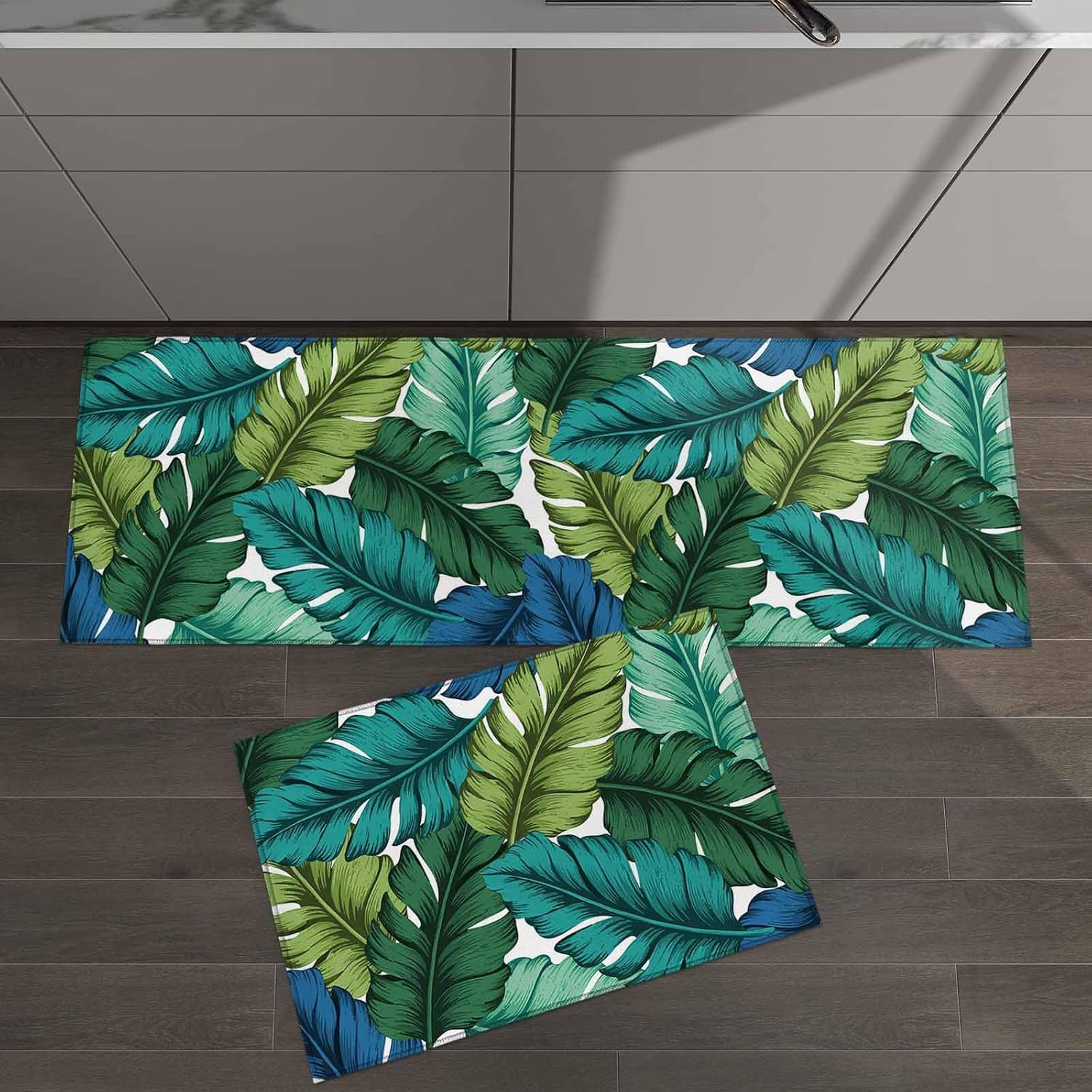 2 Pieces Kitchen Rugs and Mats,Summer Green Banana Leaf Area Runner Rug Set Non Slip Floor Doormat Washable Carpet Standing Mat for Kitchen Sink Indoor Corridor,Colorful Tropical Plant Theme